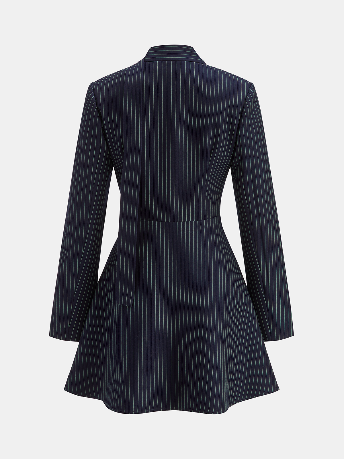 Lace Trim Pinstripe Flared Dress with Tie Neck-Chicvia