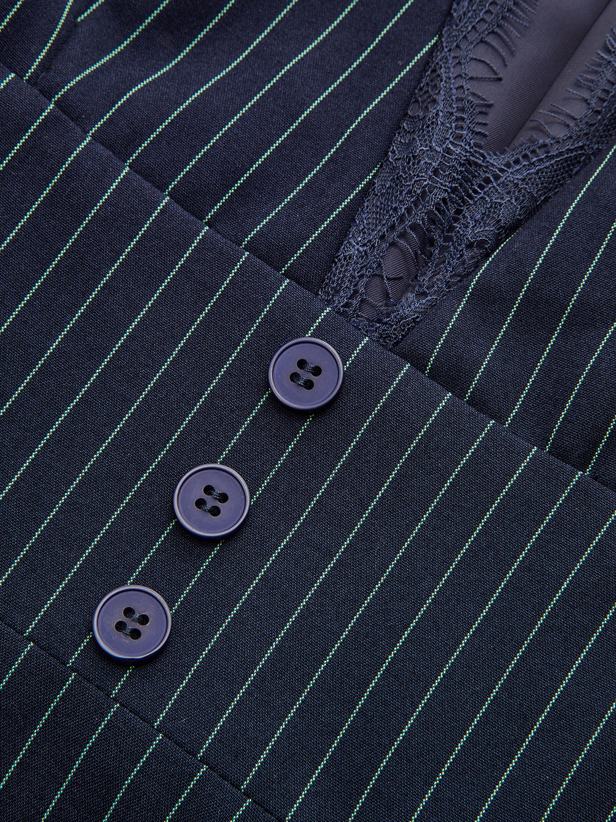 Lace Trim Pinstripe Flared Dress with Tie Neck-Chicvia