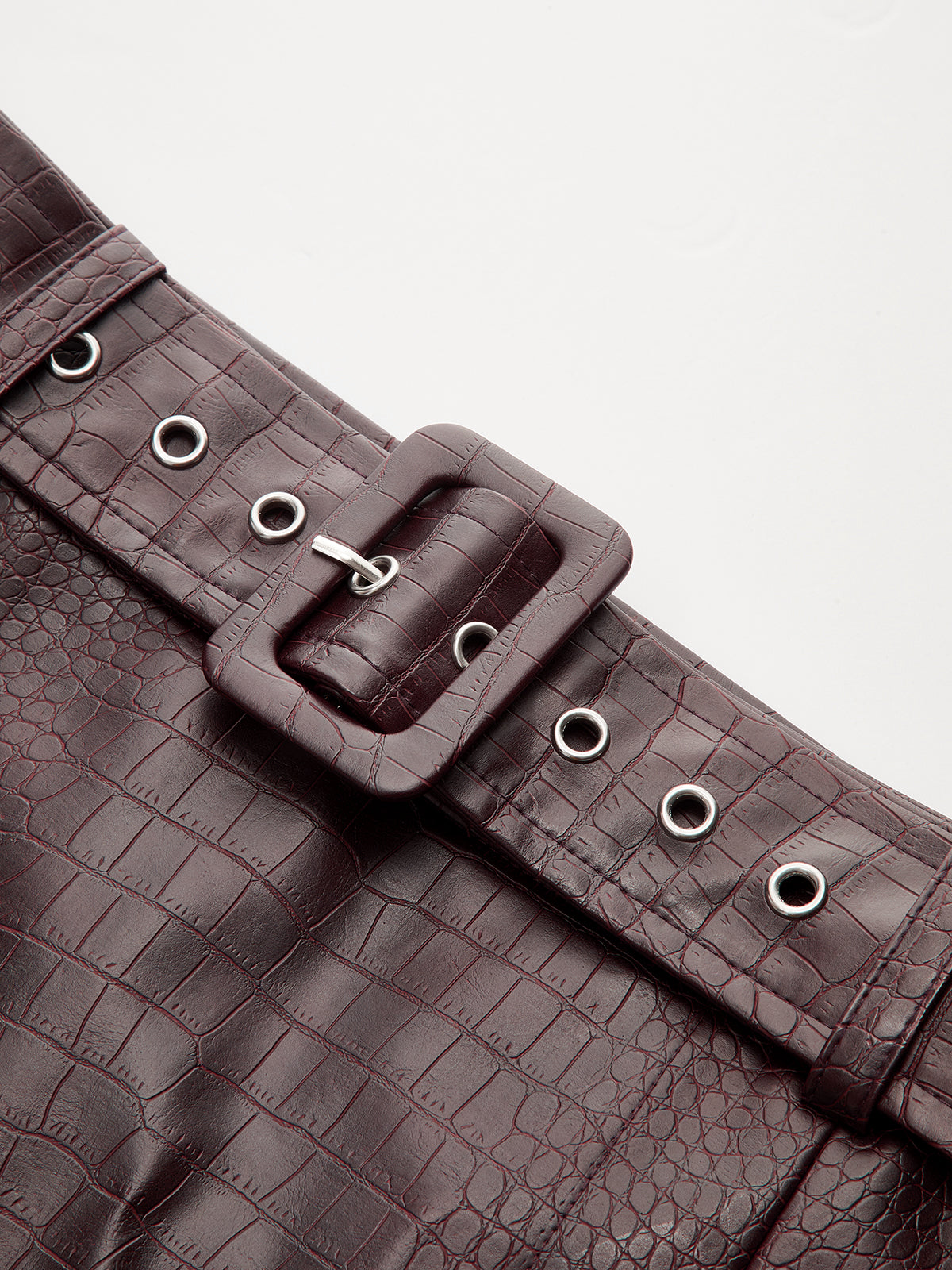 Crocodile Embossed Faux Leather Belted Mini Skirt-Chicvia