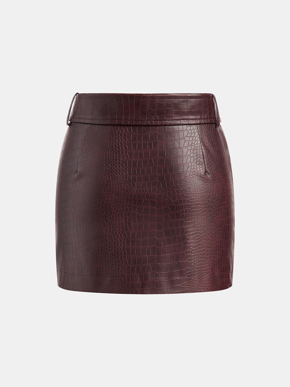 Crocodile Embossed Faux Leather Belted Mini Skirt-Chicvia