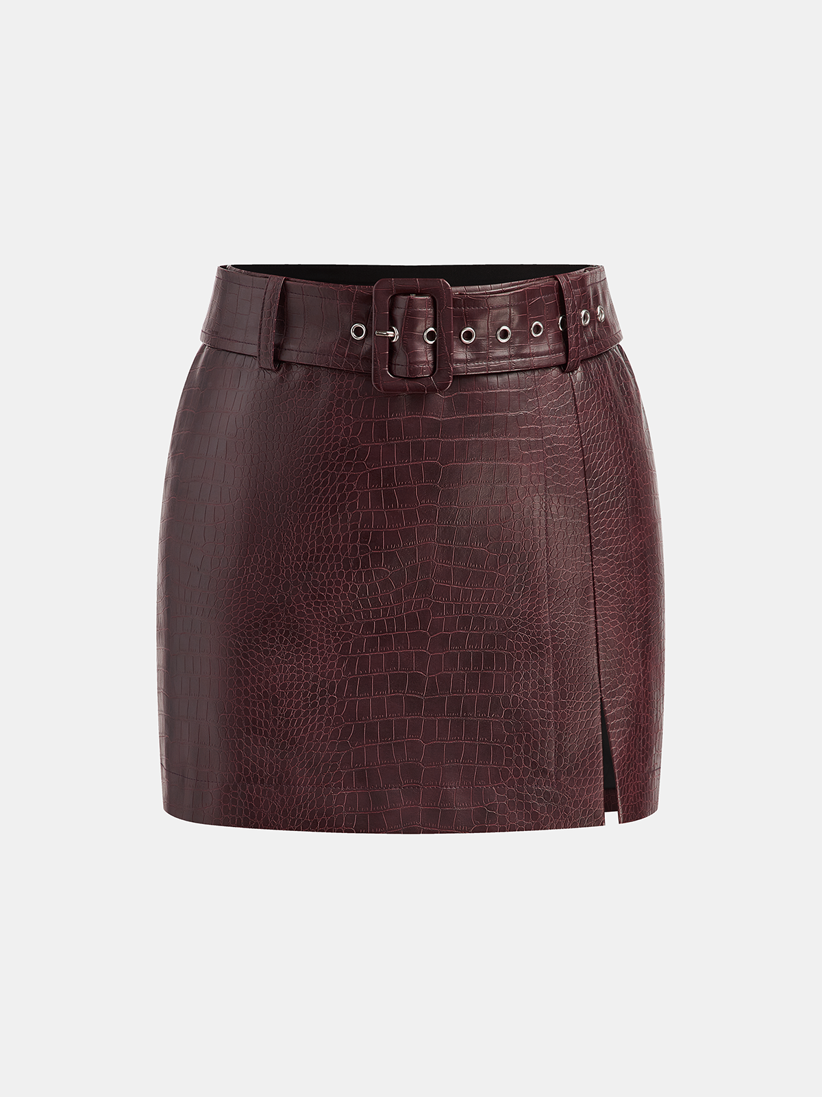 Crocodile Embossed Faux Leather Belted Mini Skirt-Chicvia