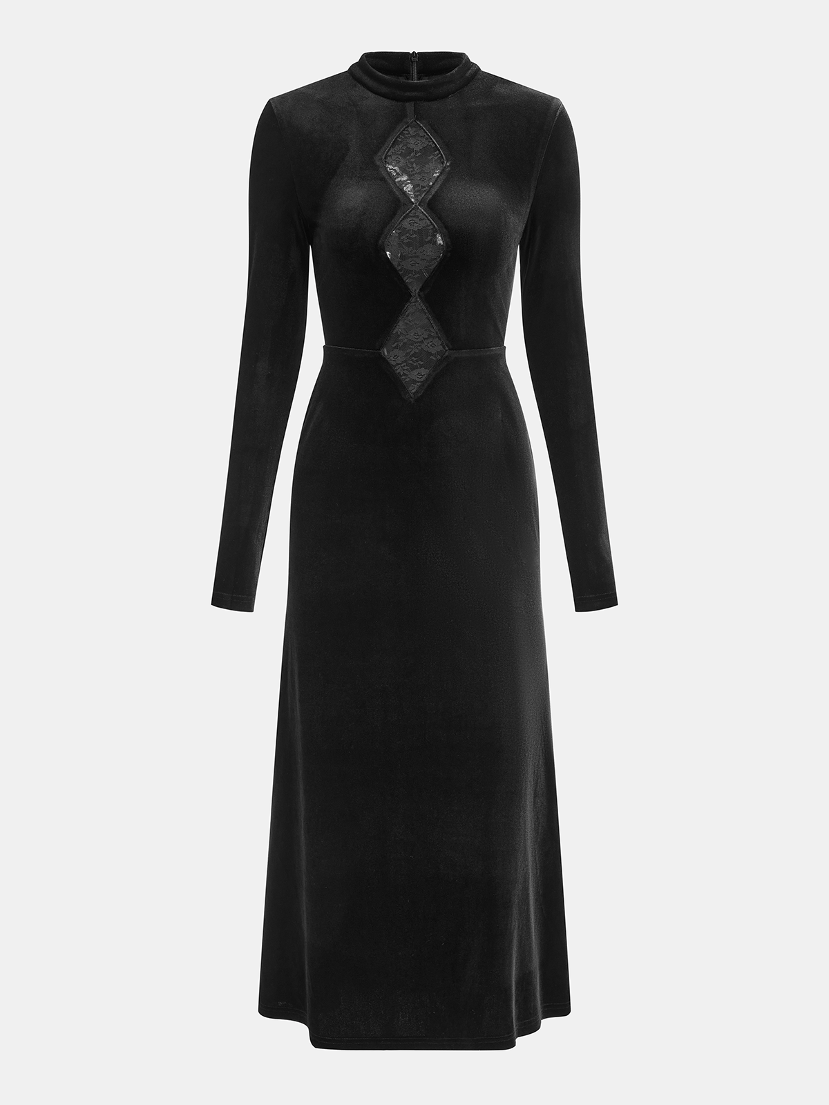 Lace Panel Velvet Long-Sleeve Maxi Dress-Chicvia