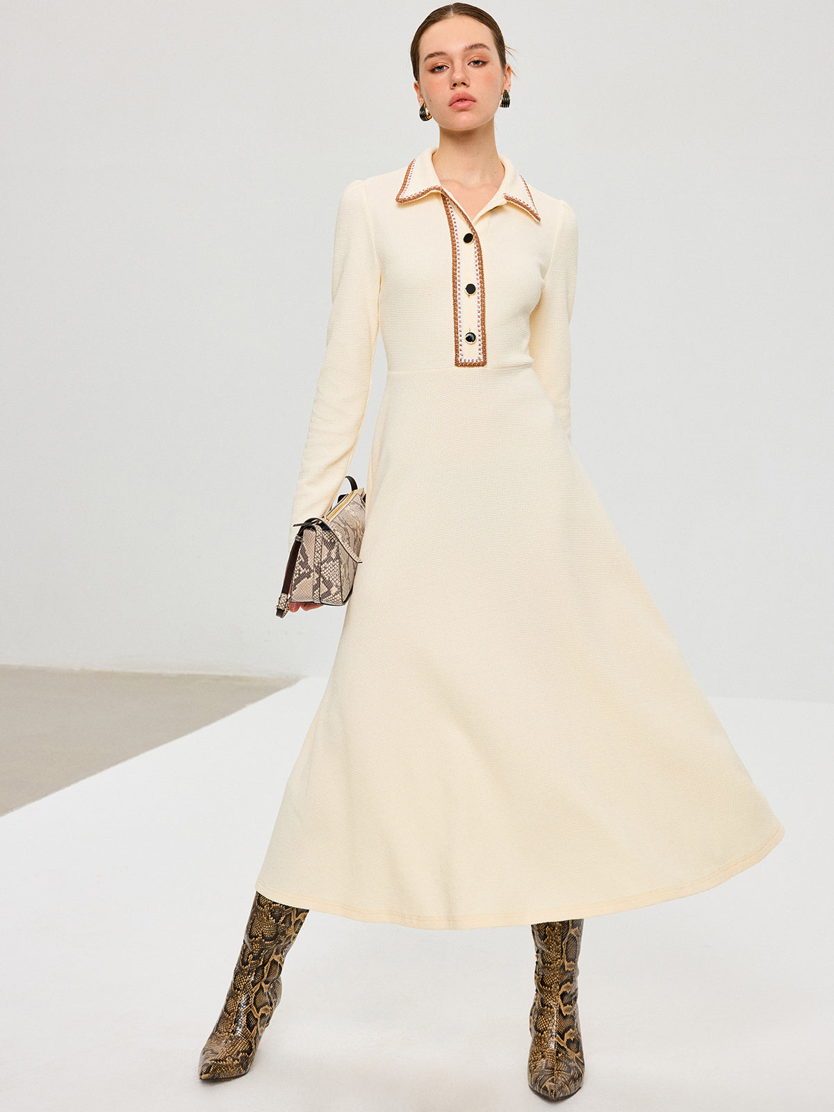 Contrast Trim Collared Midi Dress-Chicvia