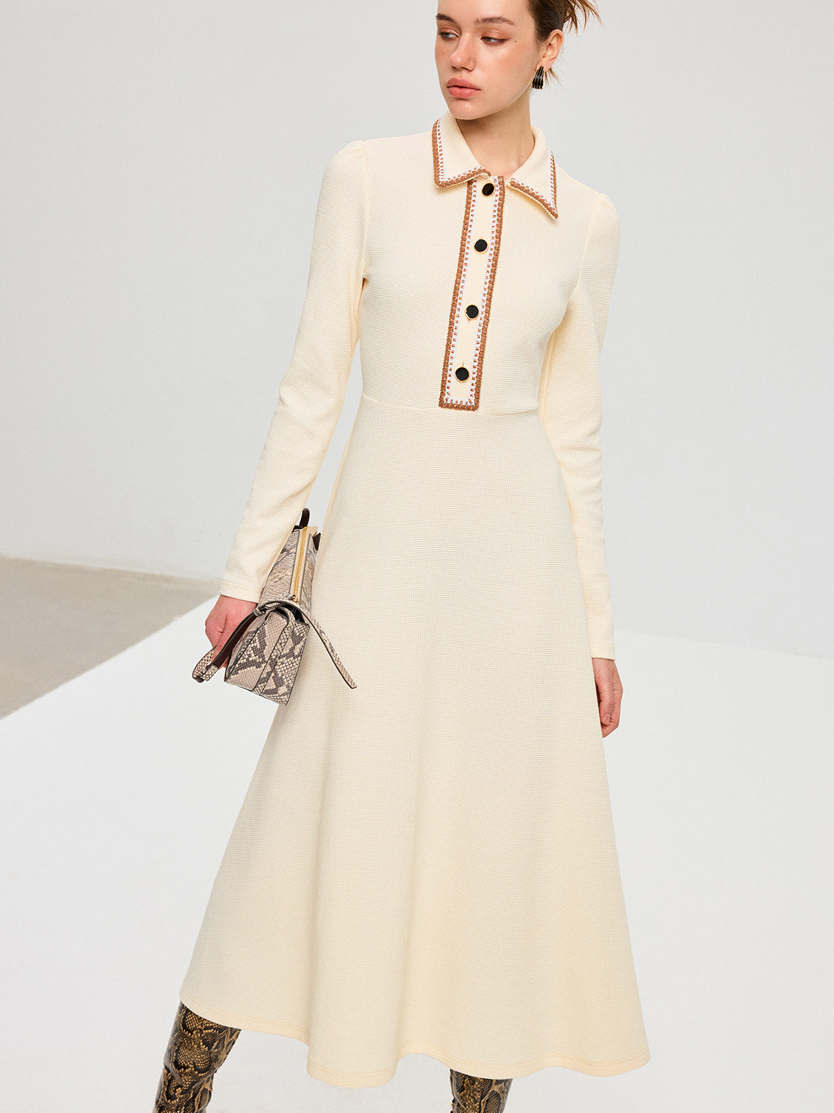 Contrast Trim Collared Midi Dress-Chicvia