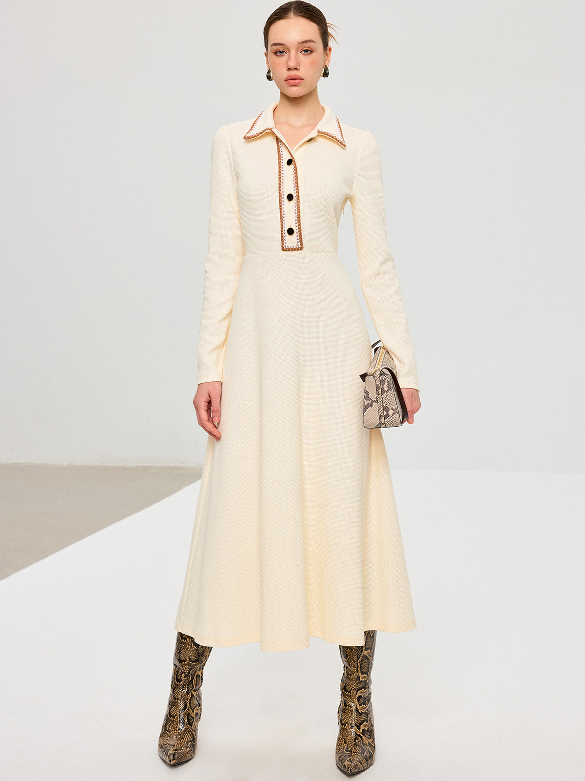 Contrast Trim Collared Midi Dress-Chicvia