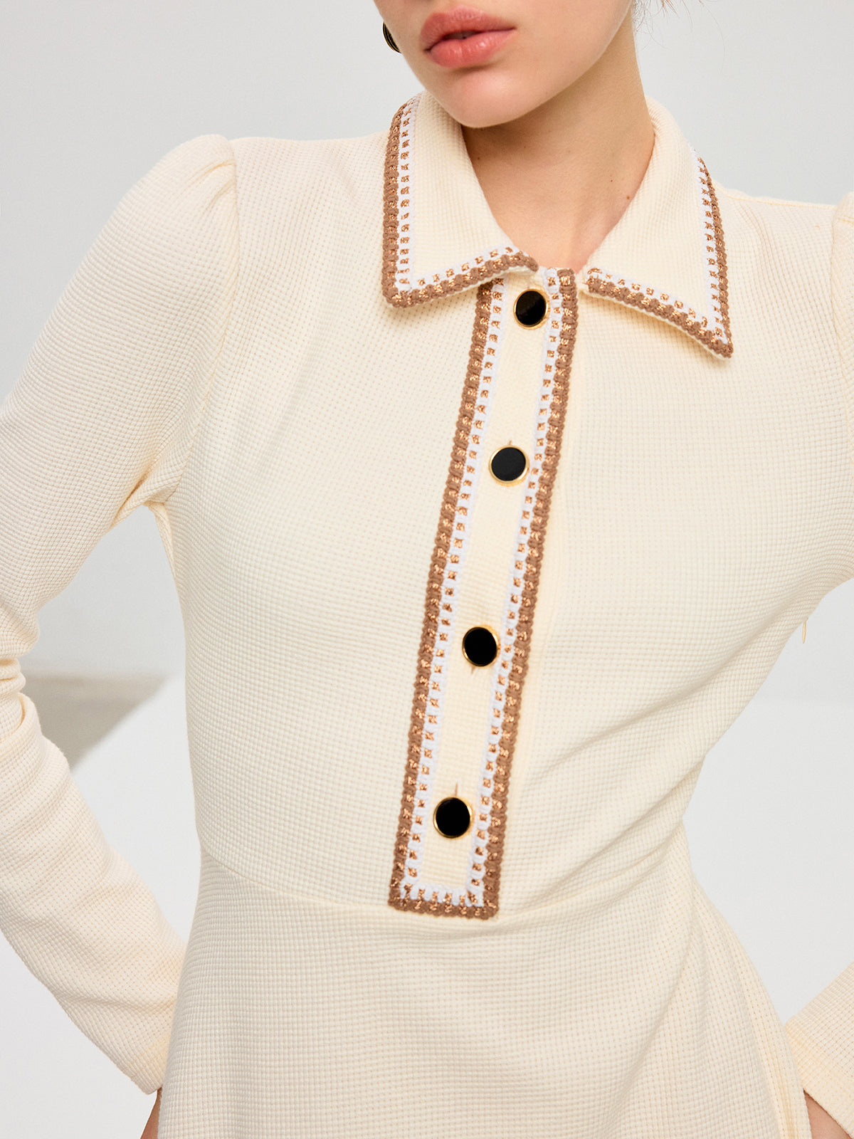 Contrast Trim Collared Midi Dress-Chicvia