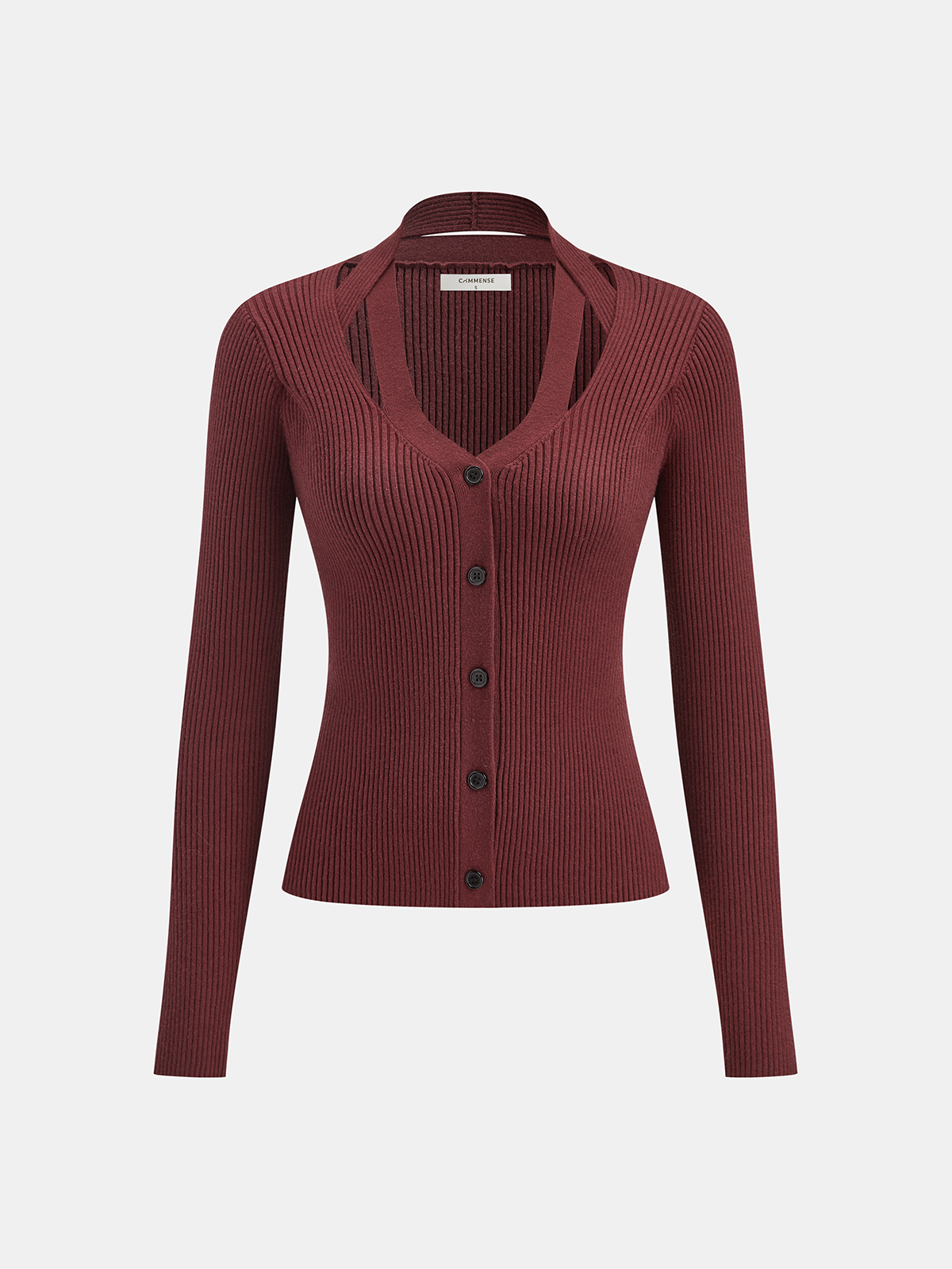 Halter Neck Button Front Ribbed Sweater-Chicvia