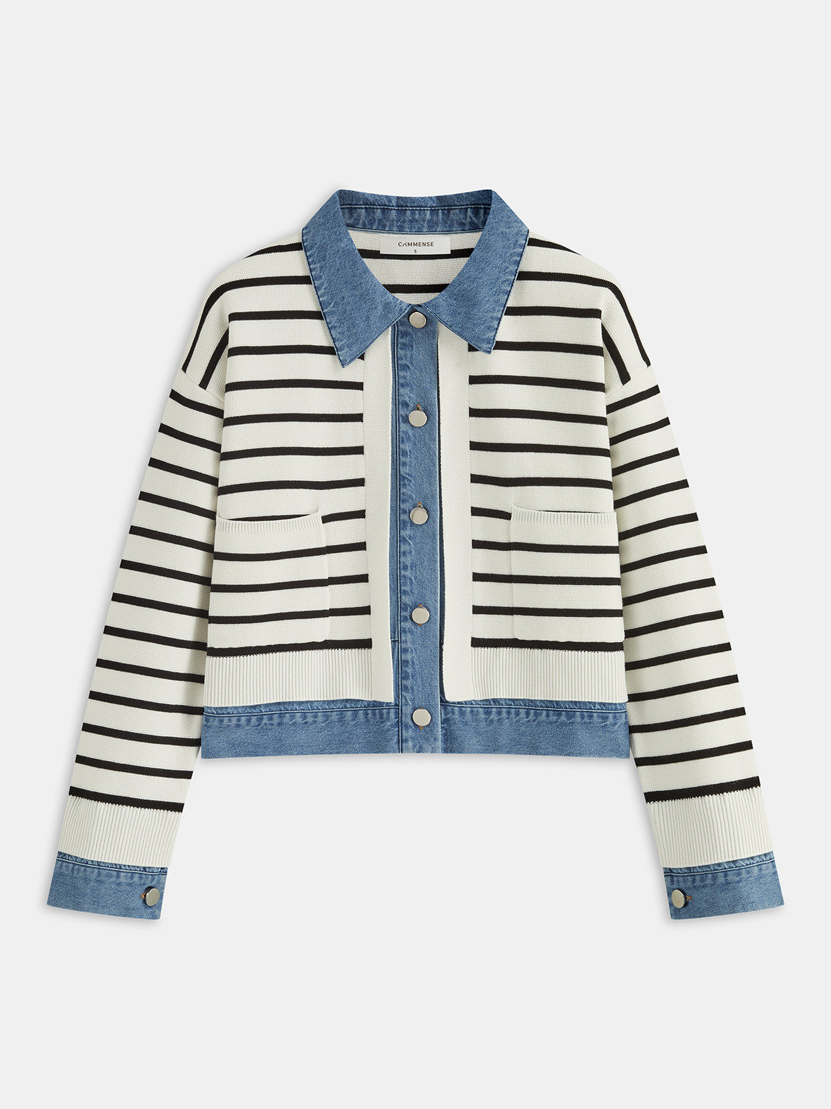Denim Panel Striped Knit Shirt-Chicvia