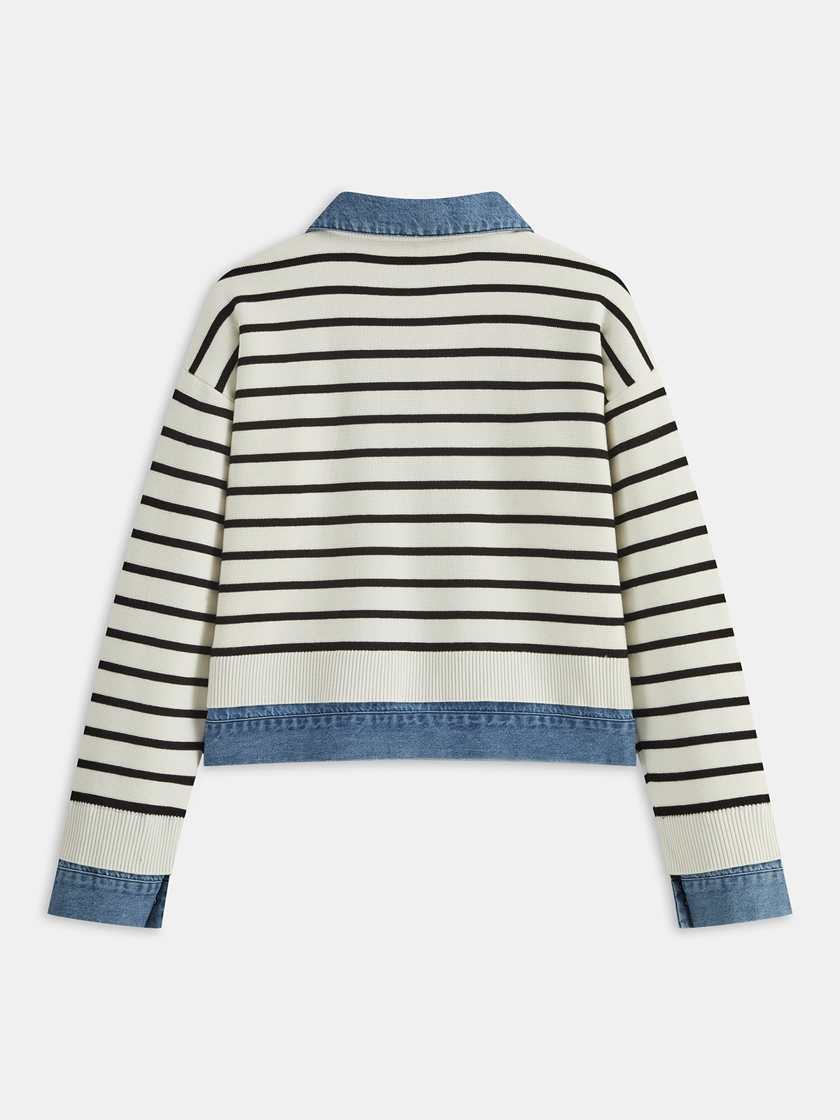 Denim Panel Striped Knit Shirt-Chicvia