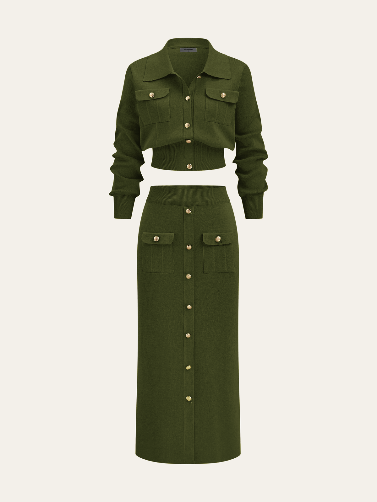 Metal Button Collared Cardigan and Midi Skirt Set-Chicvia