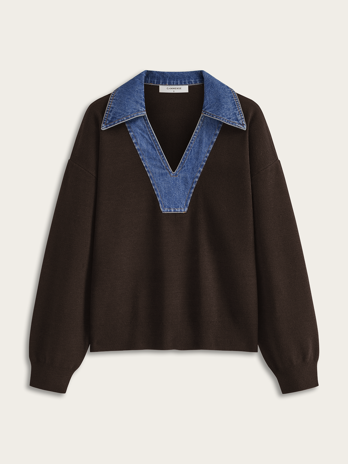 Denim Collar V-Neck Sweater-Chicvia