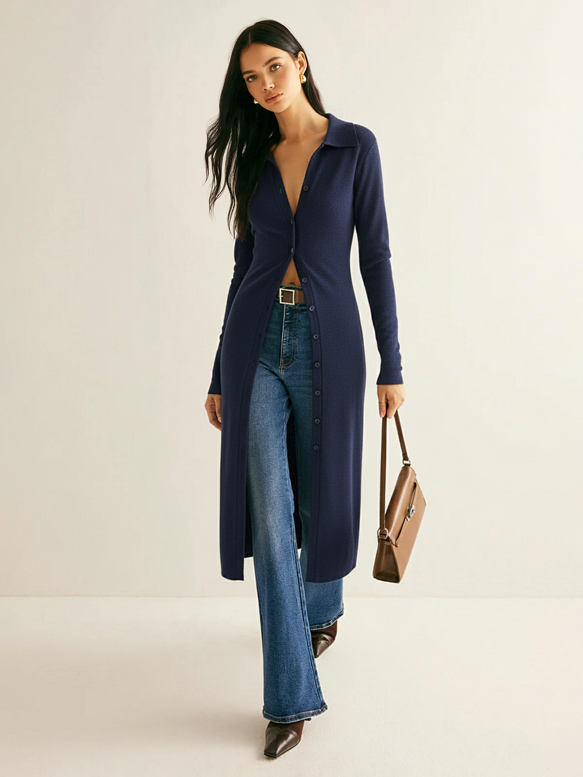 Collared Button Front Longline Knit Cardigan-Chicvia