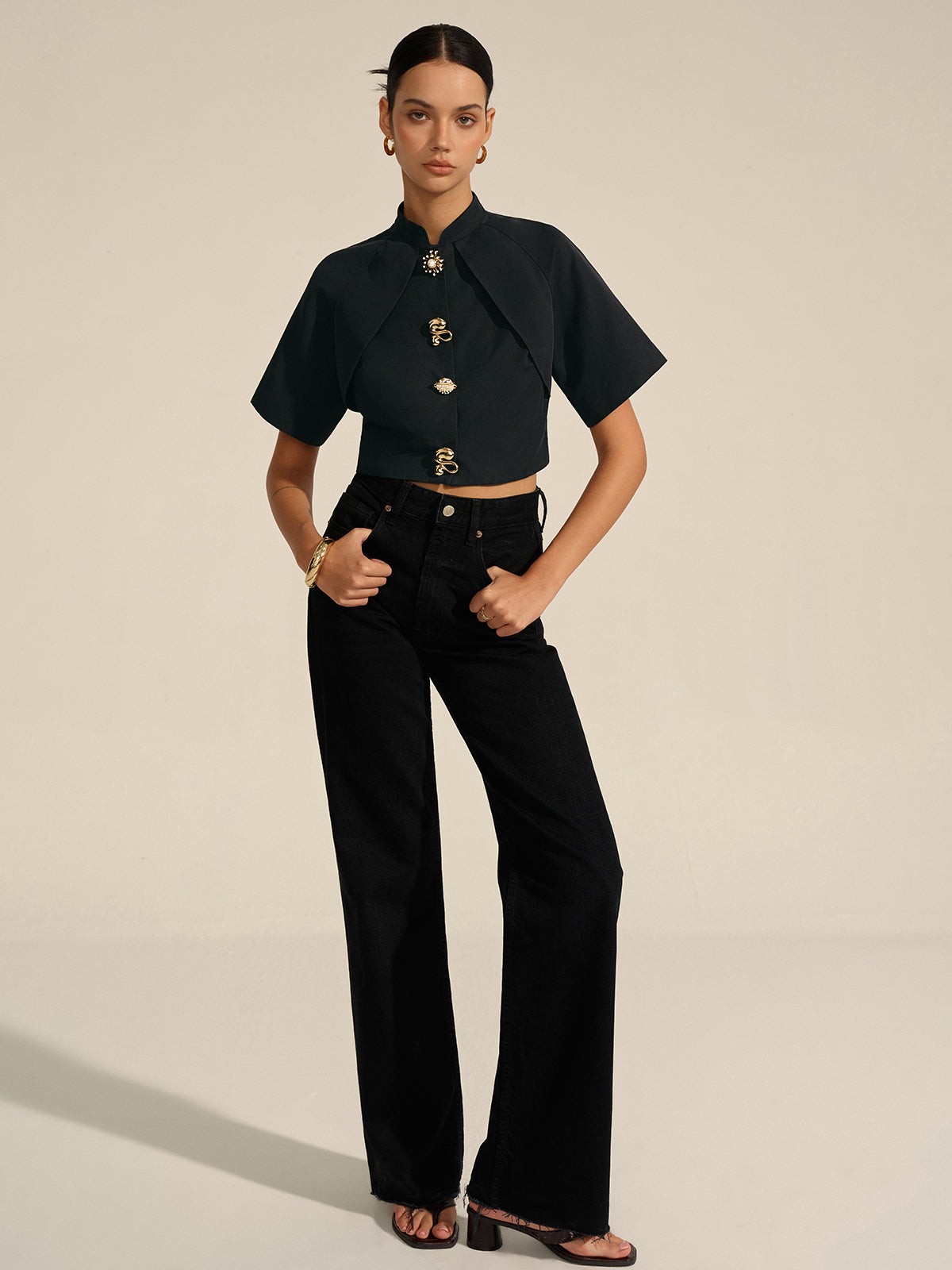 Metal Decor Cropped Blouse-Chicvia