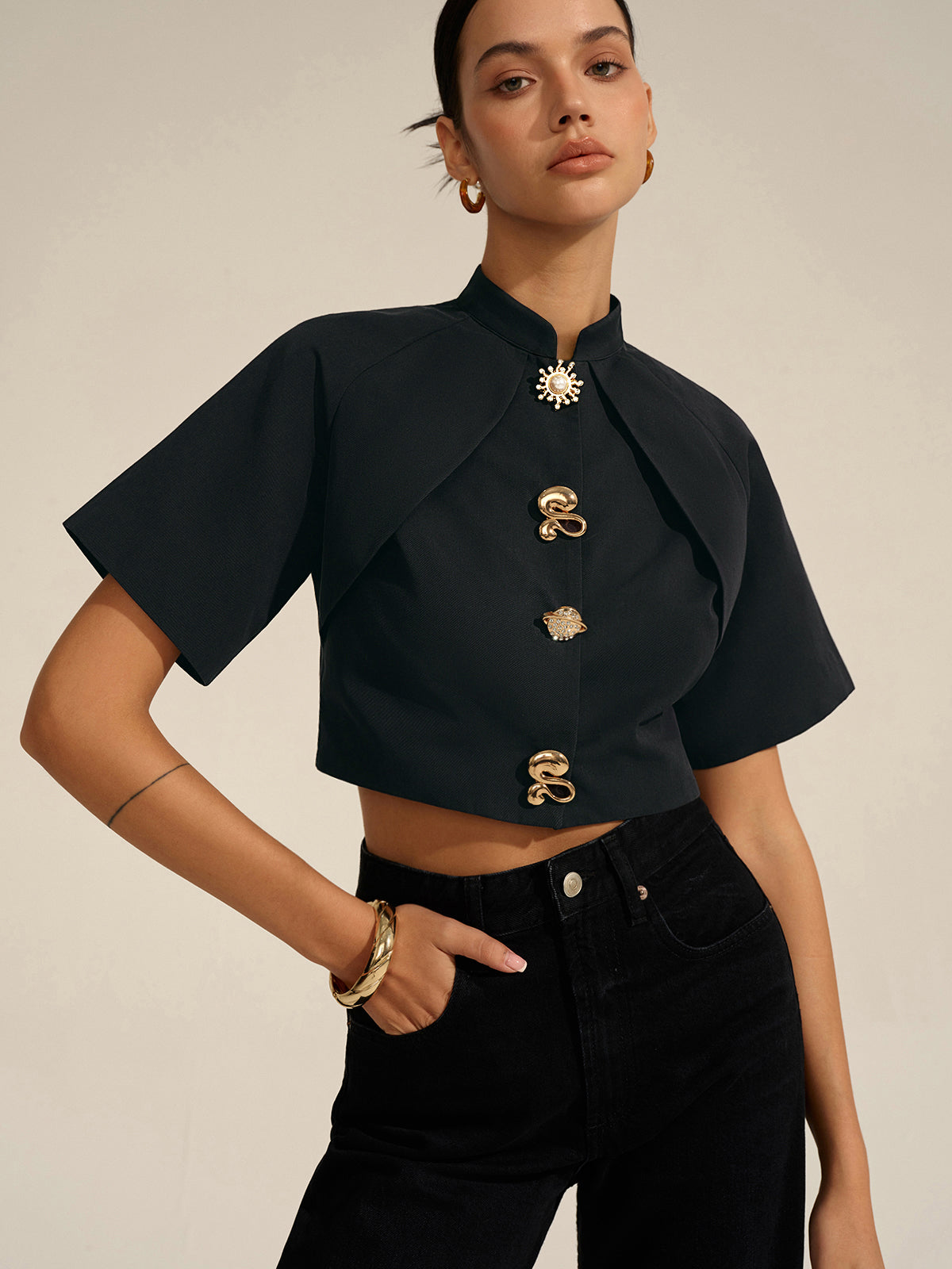 Metal Decor Cropped Blouse-Chicvia