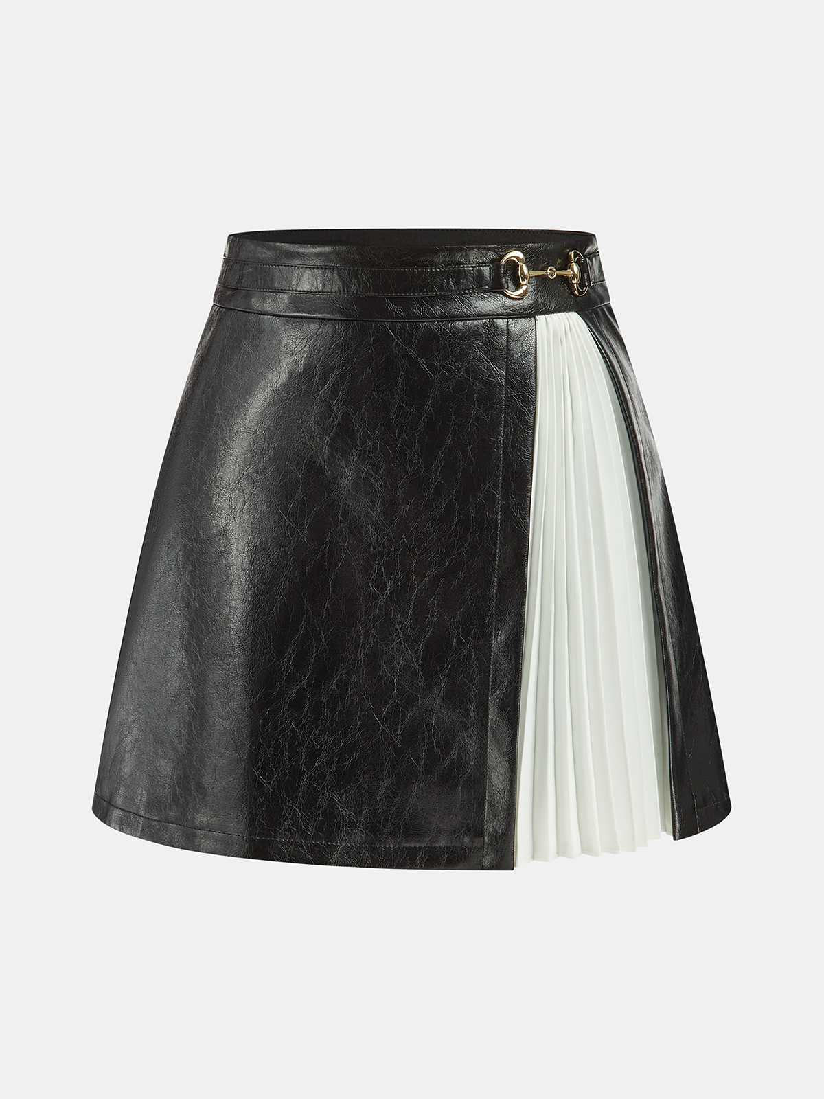 Contrast Pleated Faux Leather Mini Skirt-Chicvia