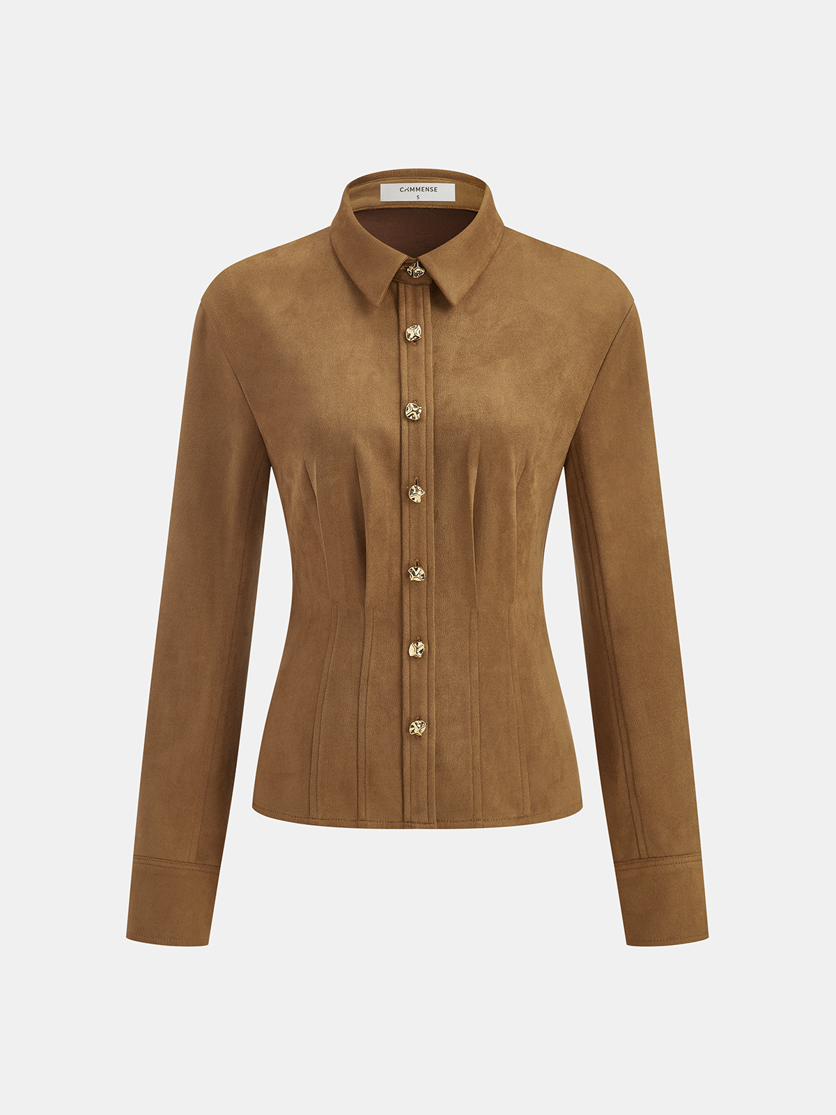 Pleat Collared Suede Effect Shirt-Chicvia