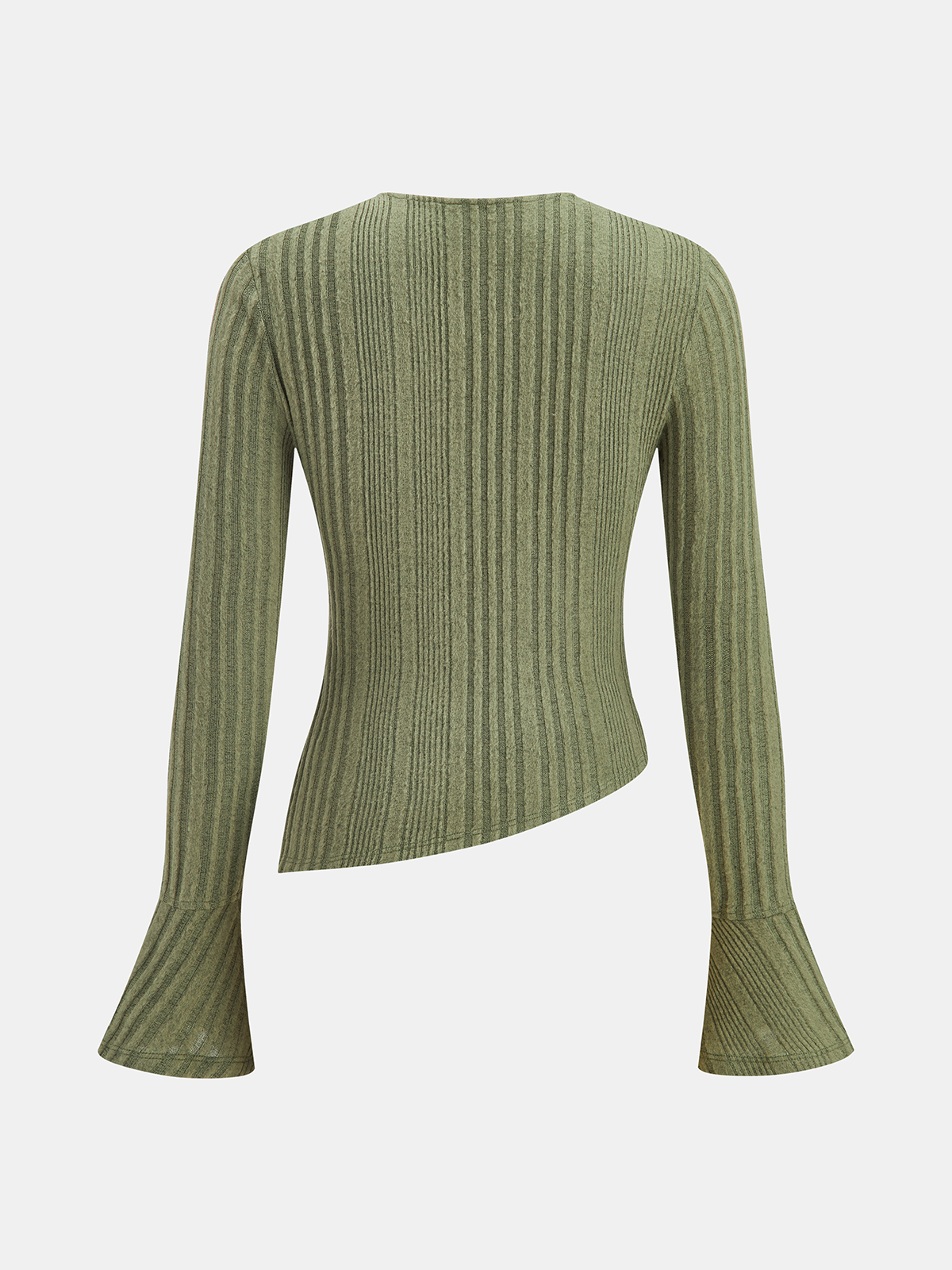 Flared Cuff Asymmetric Ribbed Knit Top-Chicvia