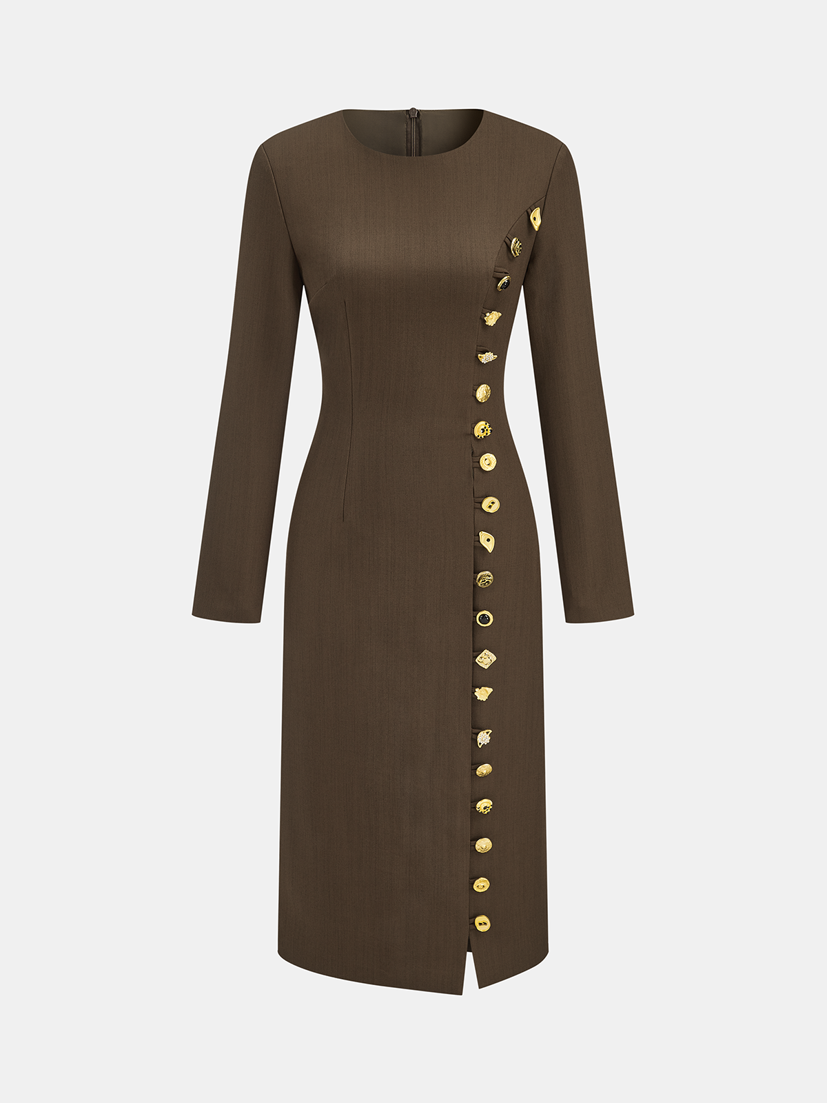 Metal Side Button Long Sleeve Midi Dress-Chicvia