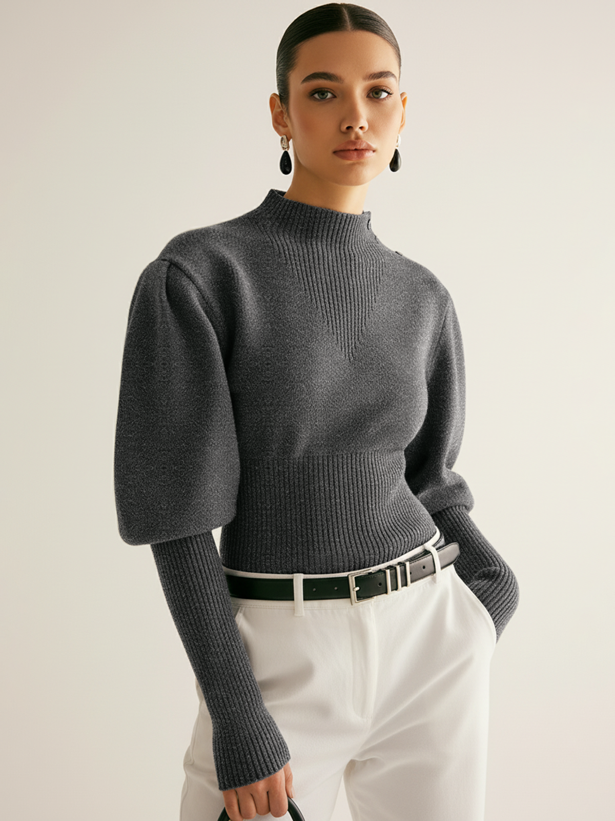 Leg-Of-Mutton Sleeve Button Detail Sweater-Chicvia