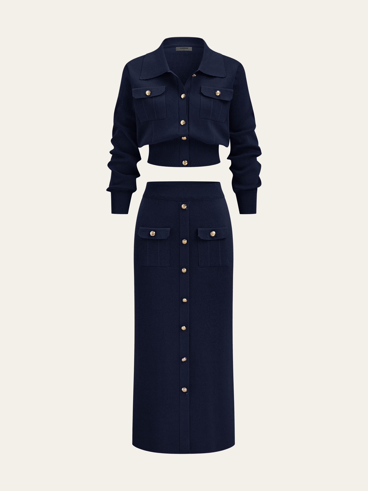 Metal Button Collared Cardigan and Midi Skirt Set-Chicvia