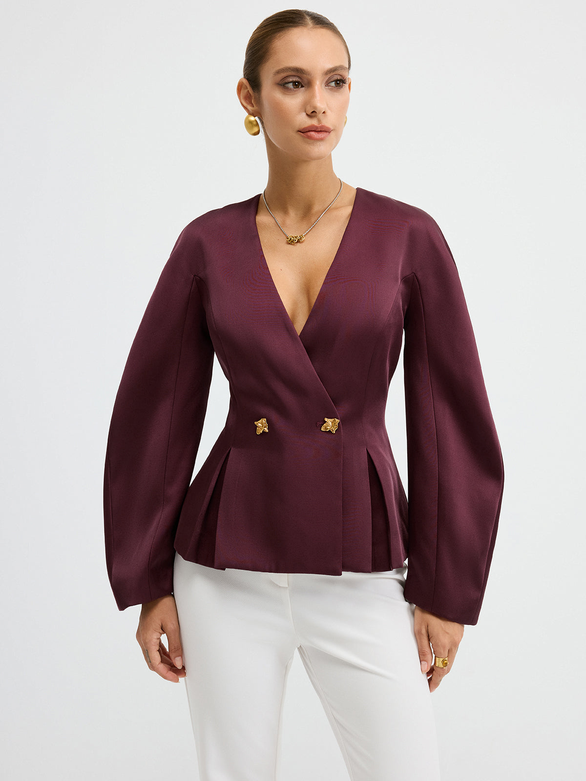 Metal Button Puff Sleeve Peplum Blazer-Chicvia