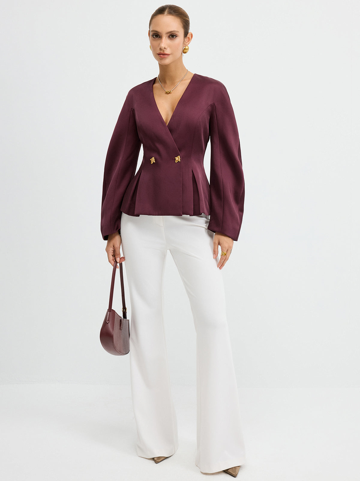 Metal Button Puff Sleeve Peplum Blazer-Chicvia