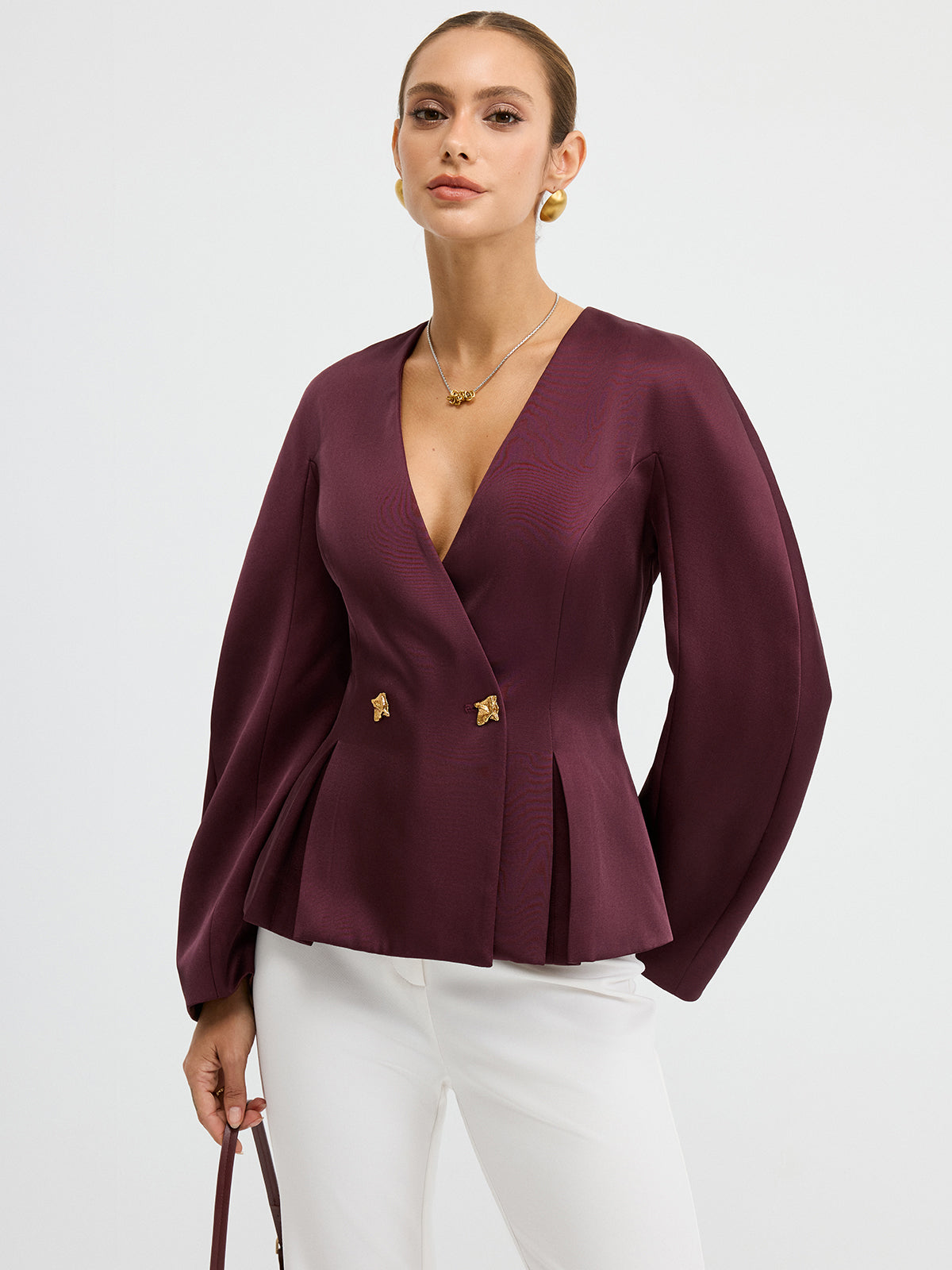 Metal Button Puff Sleeve Peplum Blazer-Chicvia
