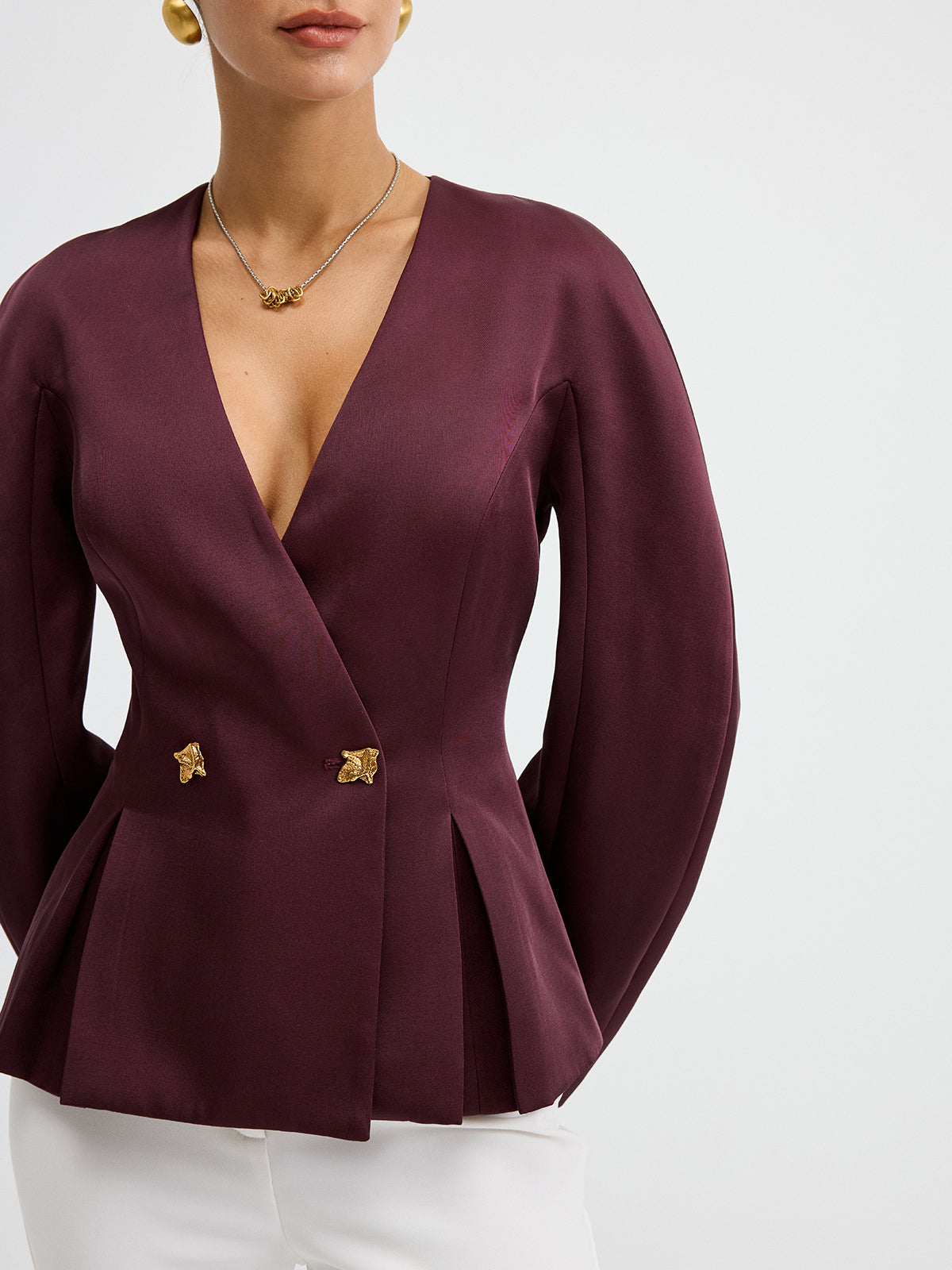 Metal Button Puff Sleeve Peplum Blazer-Chicvia