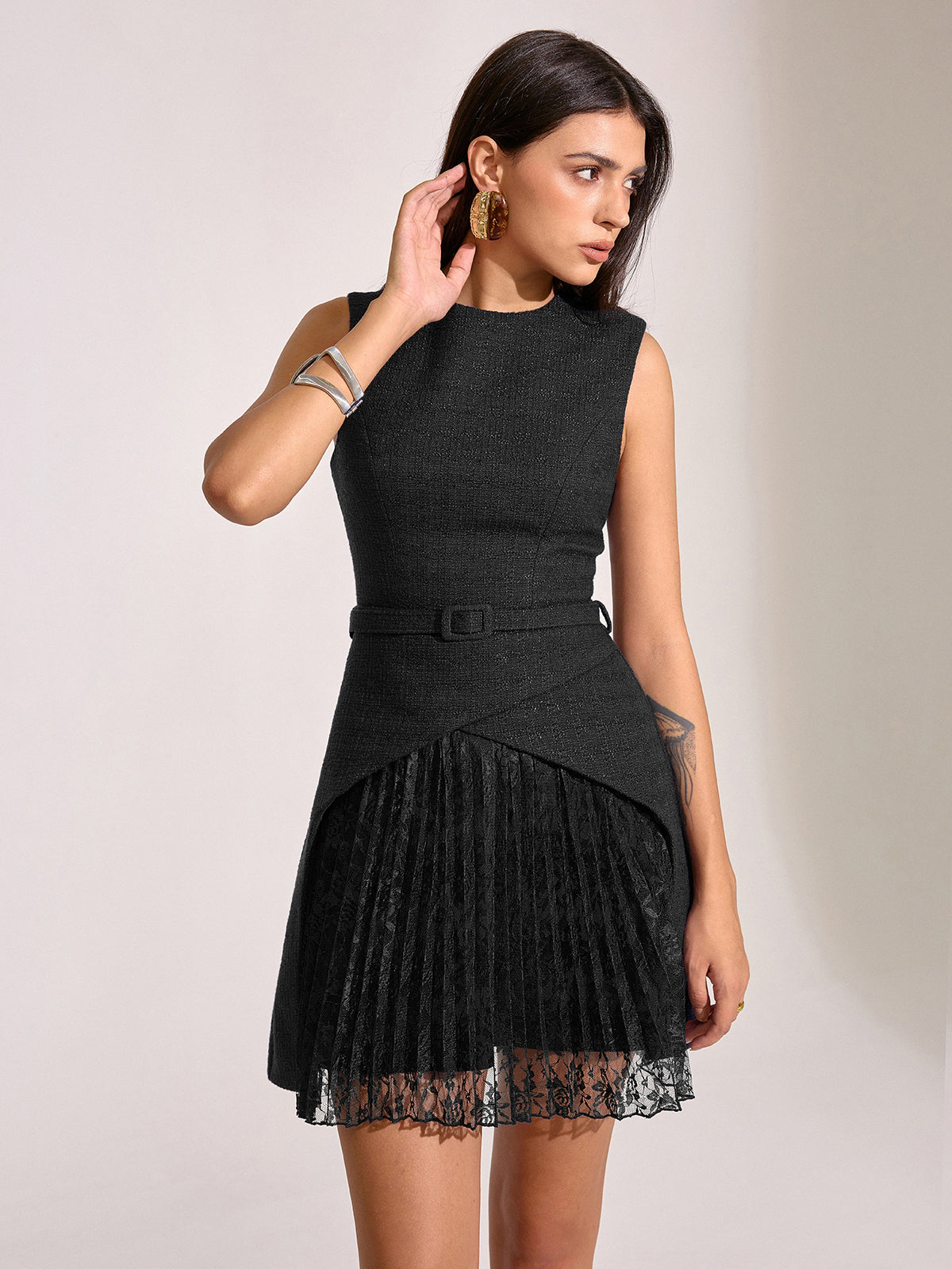 Belted Pleated Lace Mini Dress-Chicvia