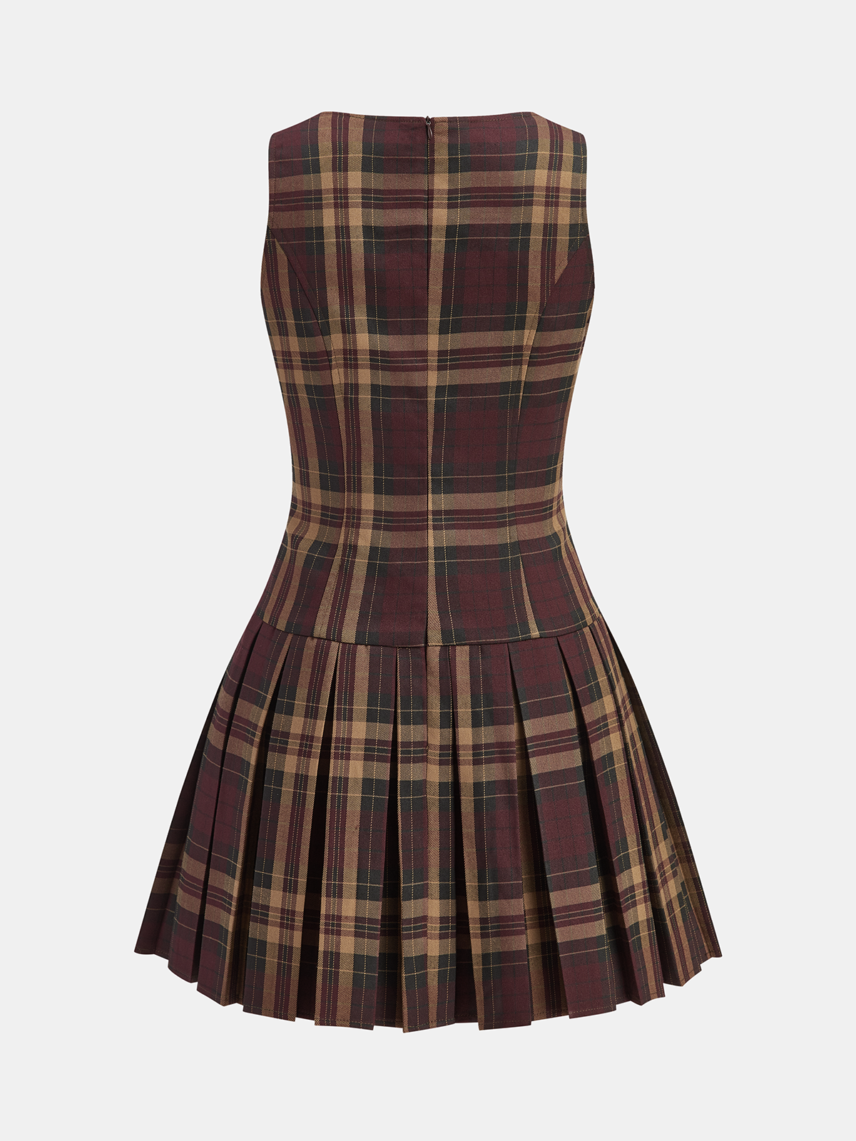 Metal Detail Plaid Sleeveless Pleated Mini Dress-Chicvia