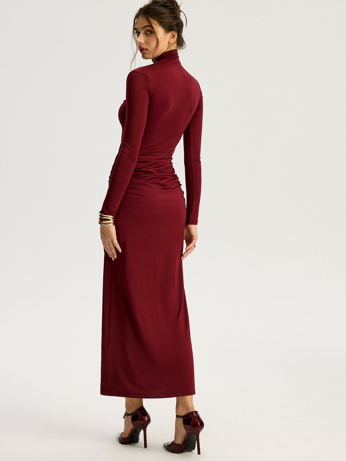 Metal Flower Slit Ruched Mock Neck Maxi Dress-Chicvia