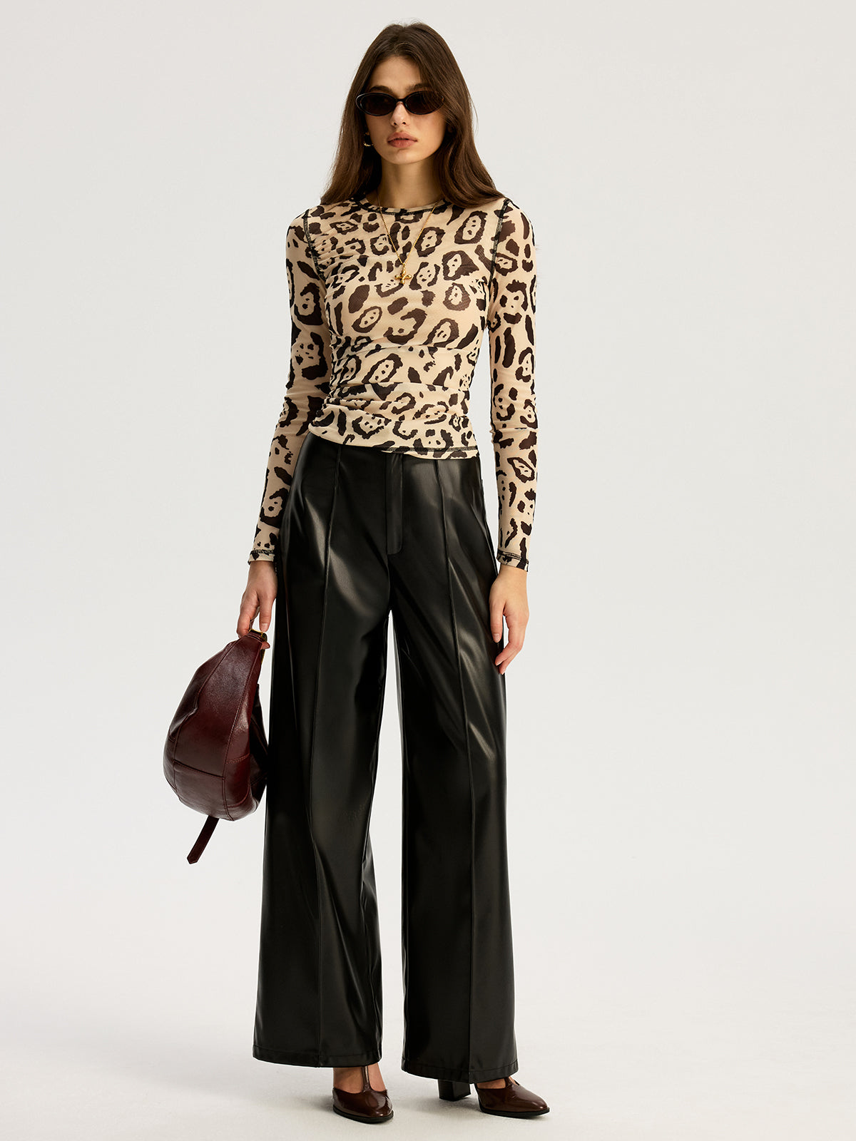 Leopard Print Mesh Long Sleeve Top-Chicvia