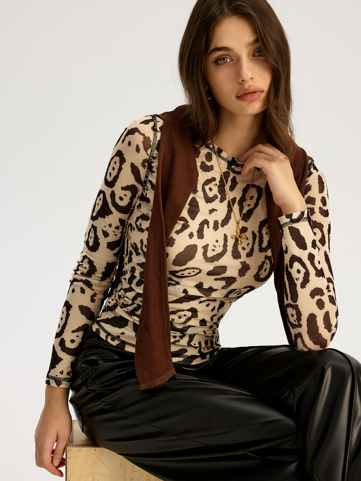 Leopard Print Mesh Long Sleeve Top-Chicvia