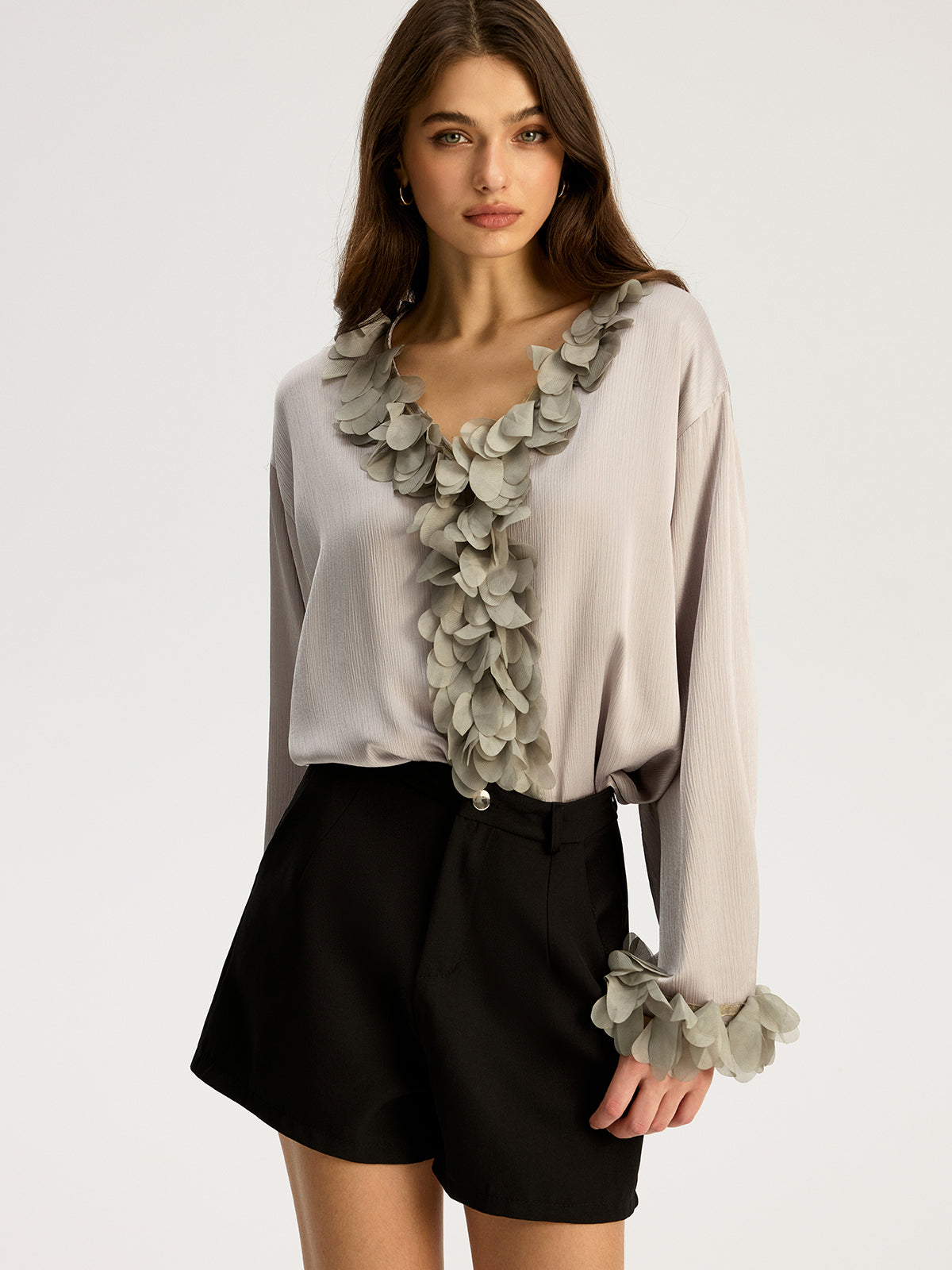 Floral Petal Trim V-Neck Shirt-Chicvia