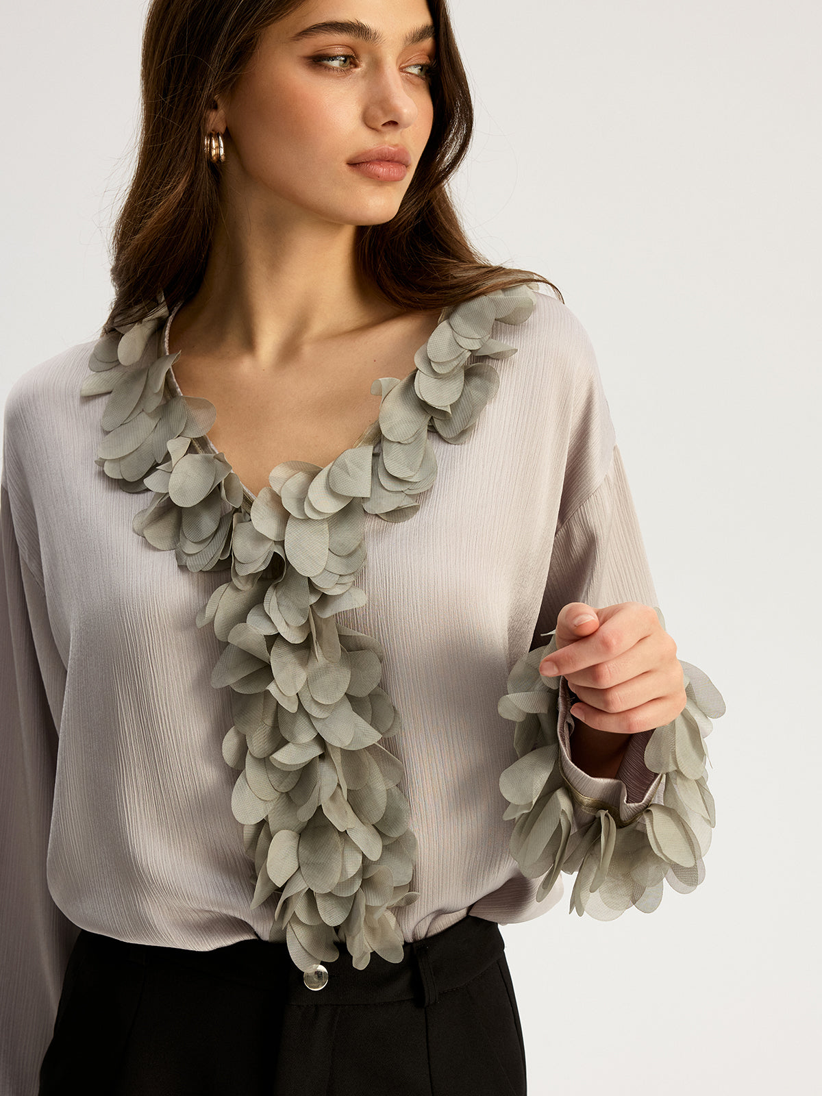 Floral Petal Trim V-Neck Shirt-Chicvia