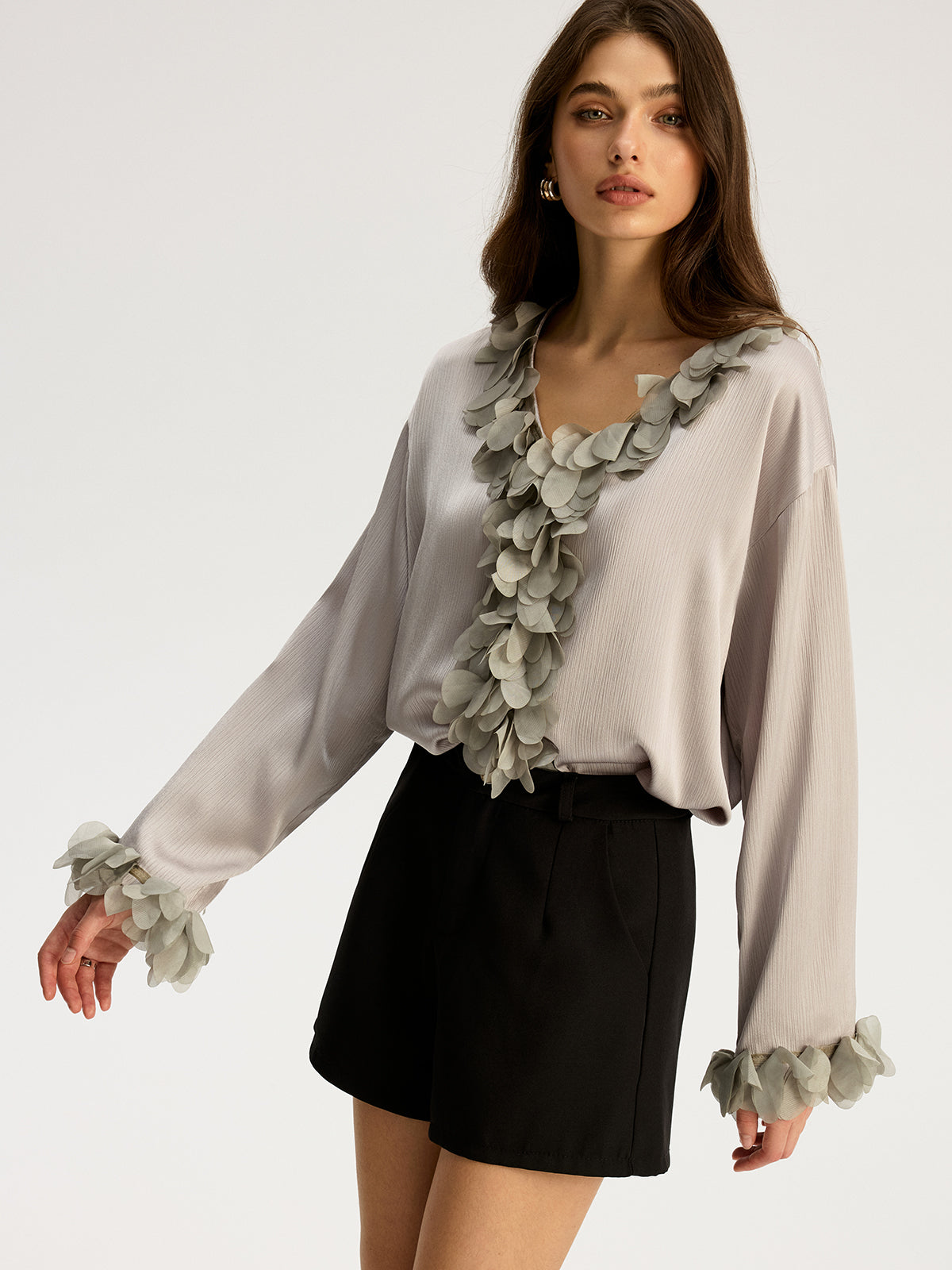 Floral Petal Trim V-Neck Shirt-Chicvia