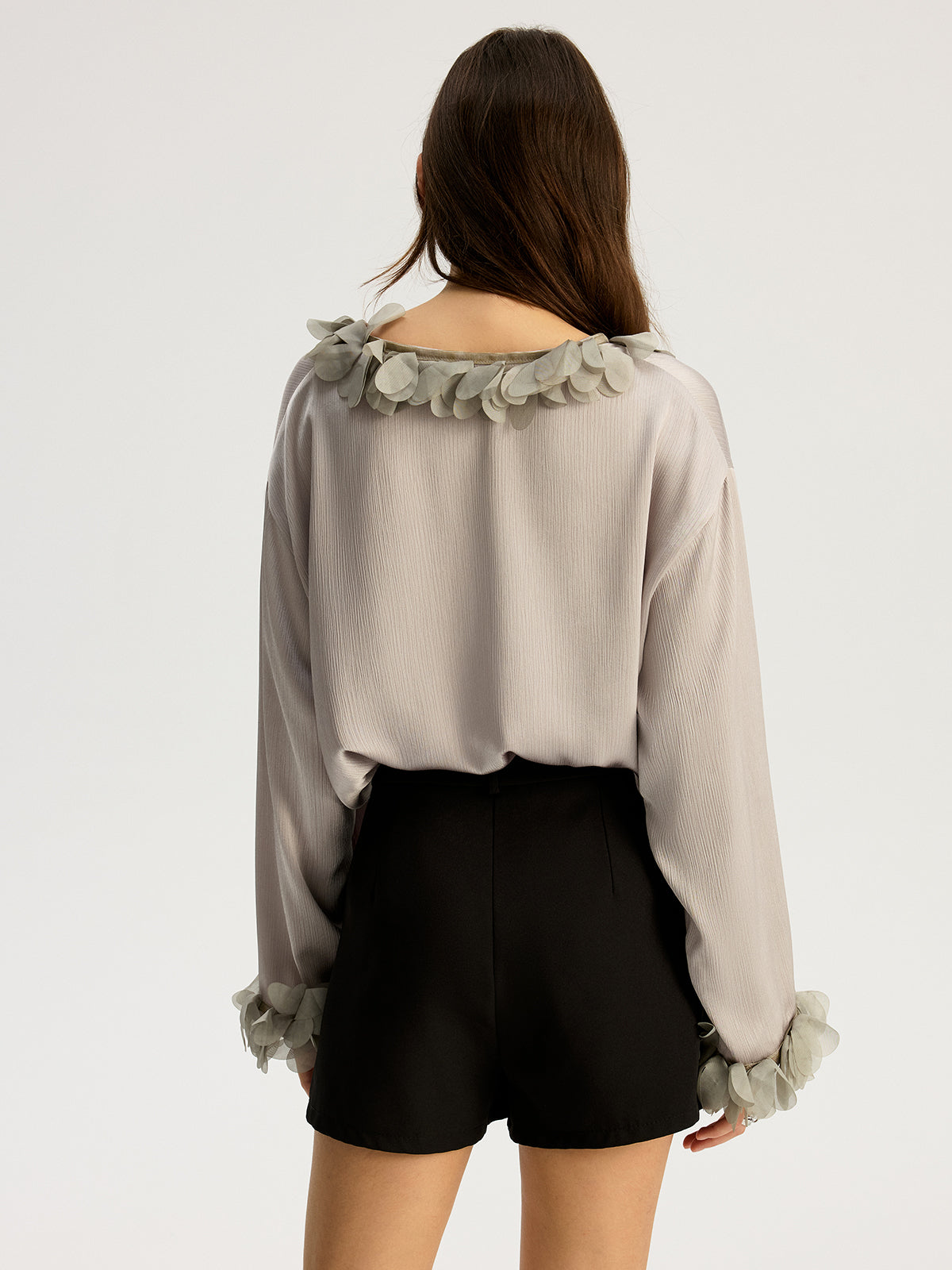 Floral Petal Trim V-Neck Shirt-Chicvia