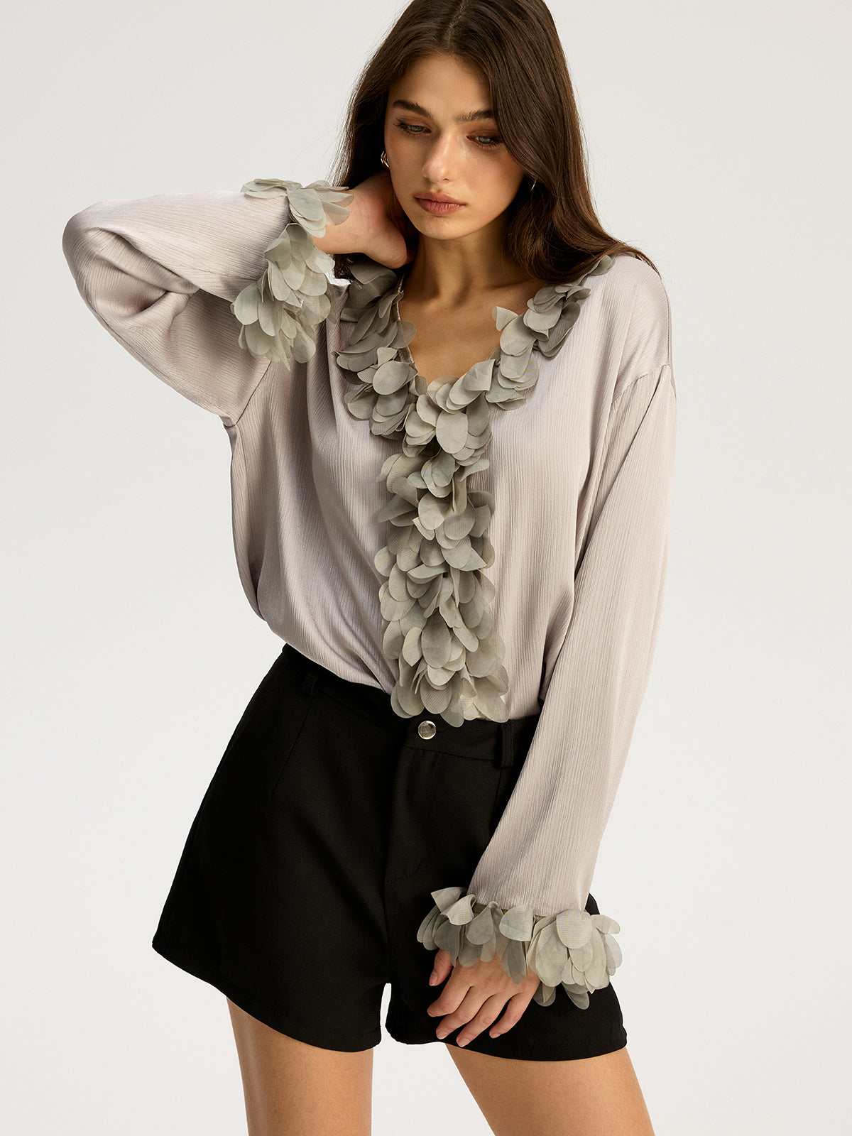 Floral Petal Trim V-Neck Shirt-Chicvia