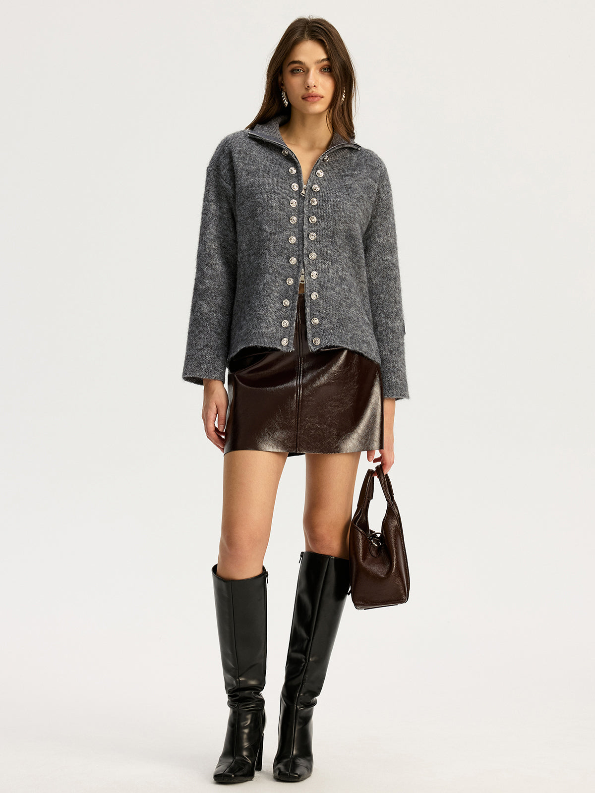 Double-breasted Stand-up Collar Zipper Cardigan-Chicvia