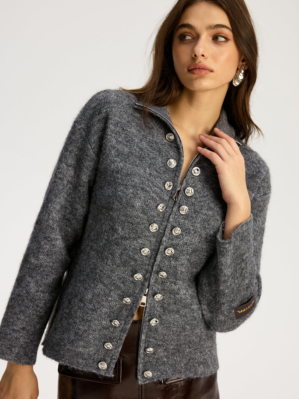 Double-breasted Stand-up Collar Zipper Cardigan-Chicvia