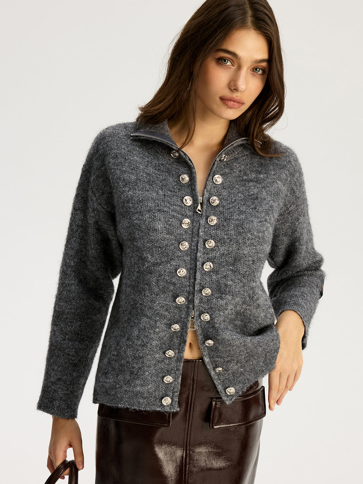 Double-breasted Stand-up Collar Zipper Cardigan-Chicvia