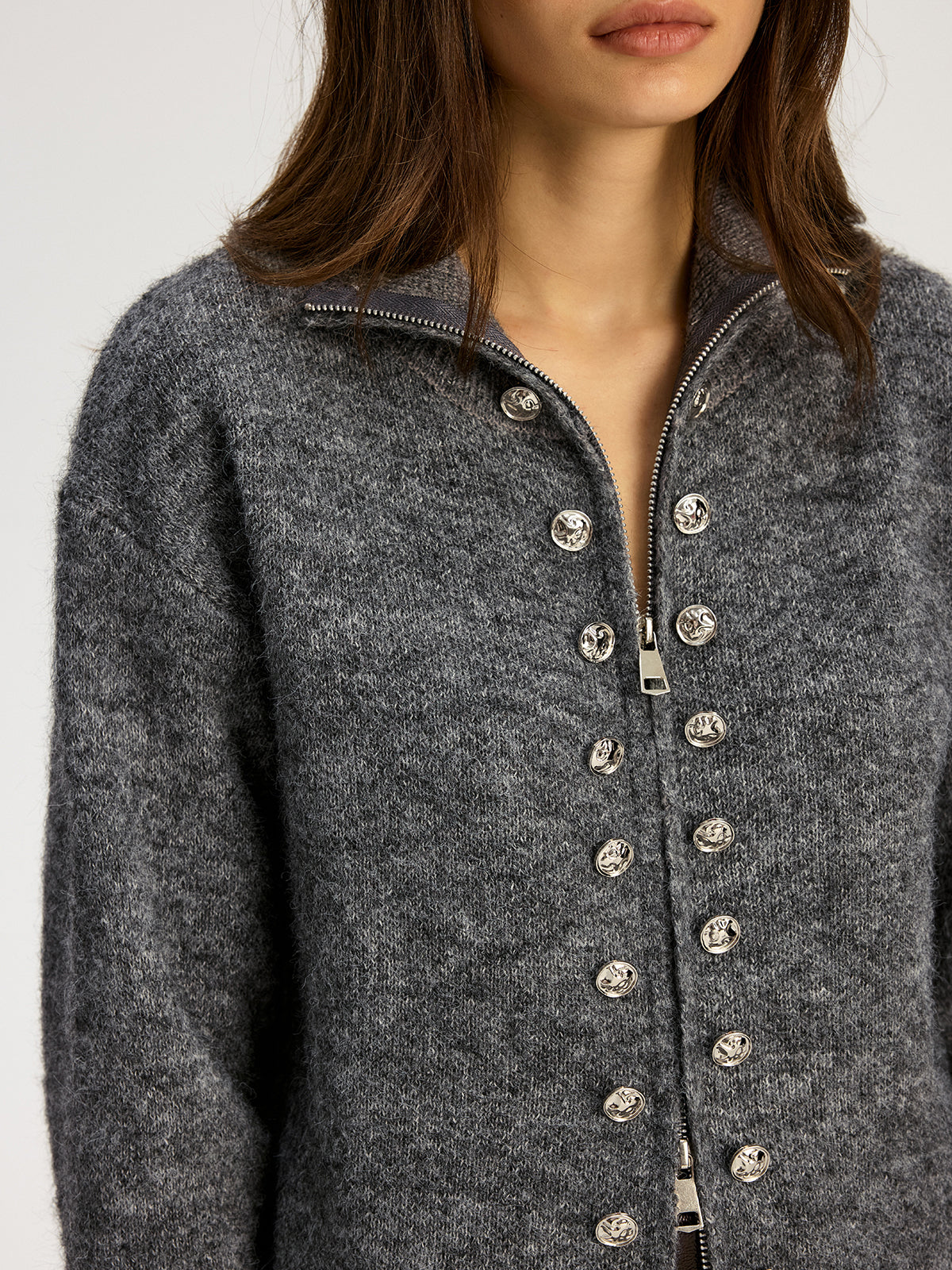 Double-breasted Stand-up Collar Zipper Cardigan-Chicvia