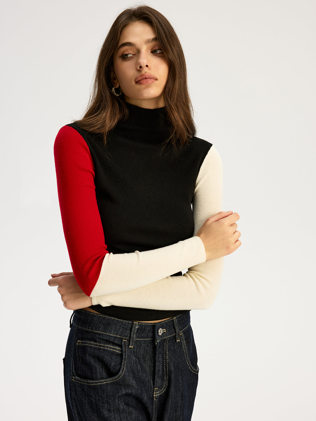 High Neck Color Block Sweater-Chicvia