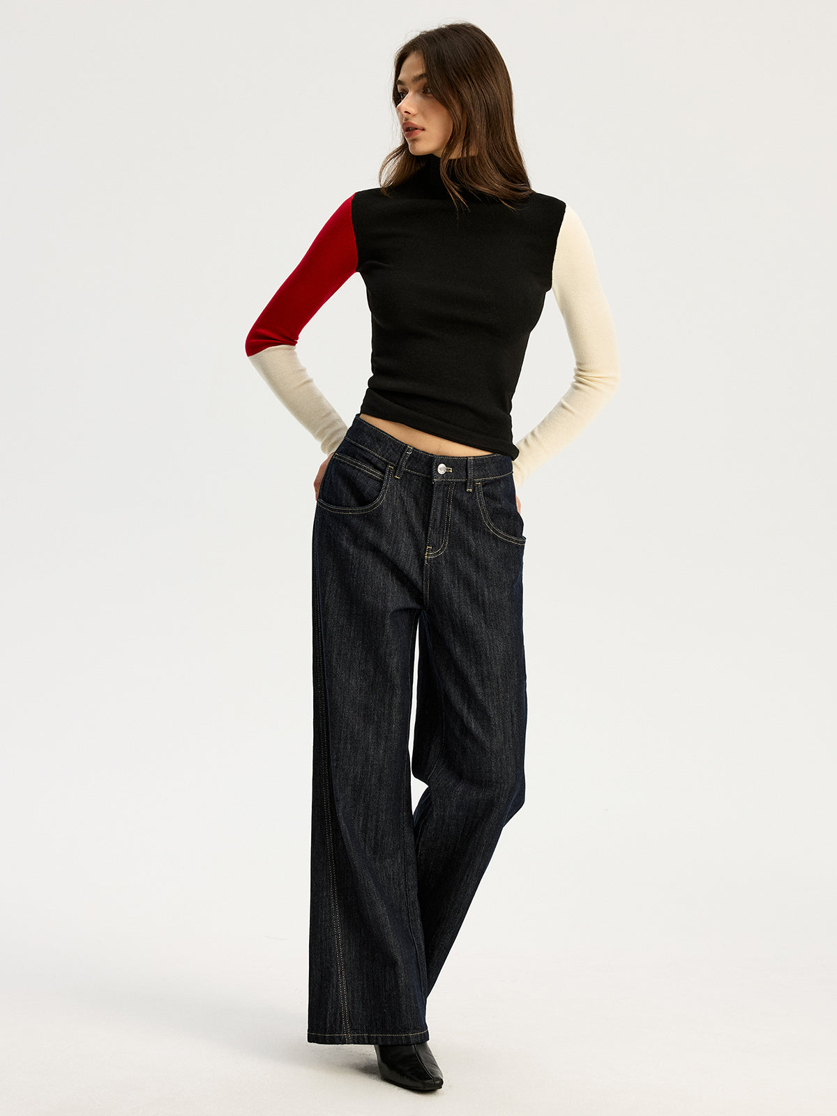 High Neck Color Block Sweater-Chicvia