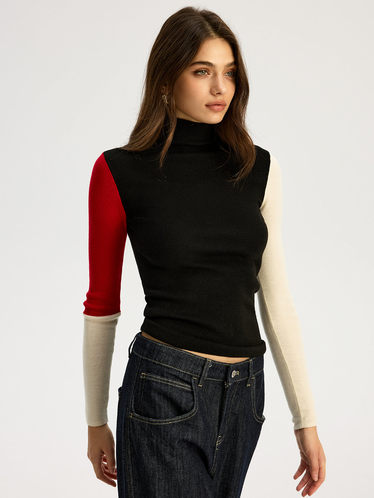 High Neck Color Block Sweater-Chicvia