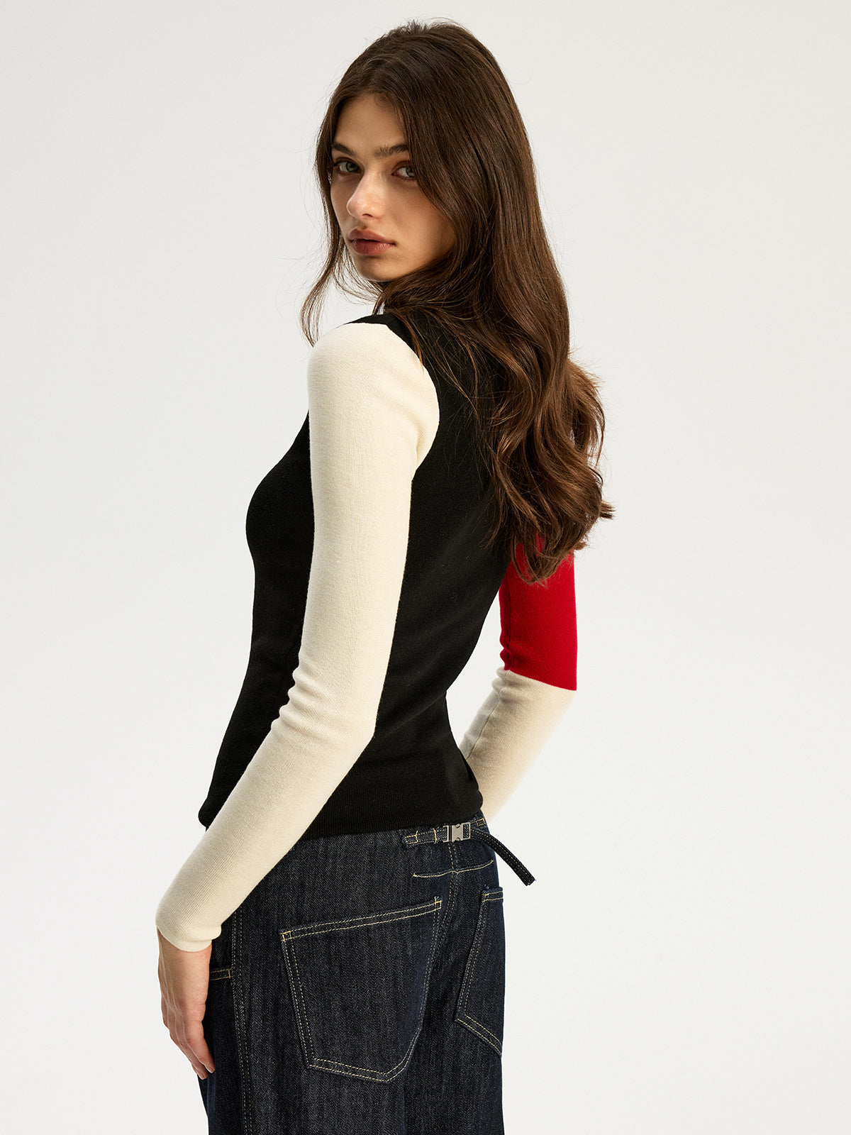 High Neck Color Block Sweater-Chicvia