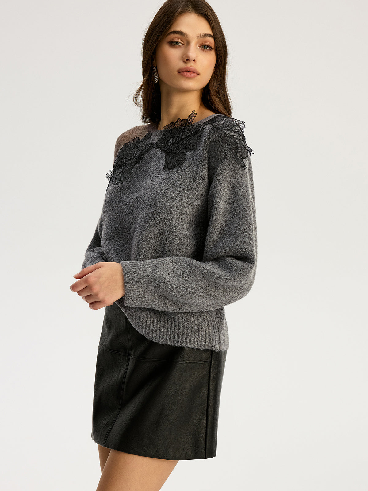 Floral lace Sweater Semi Sheer Round Neck Sweater-Chicvia