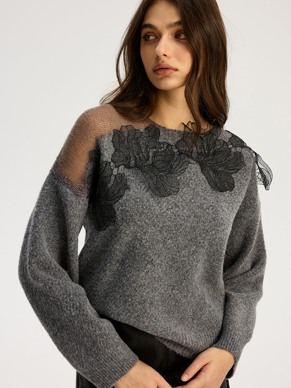 Floral lace Sweater Semi Sheer Round Neck Sweater-Chicvia