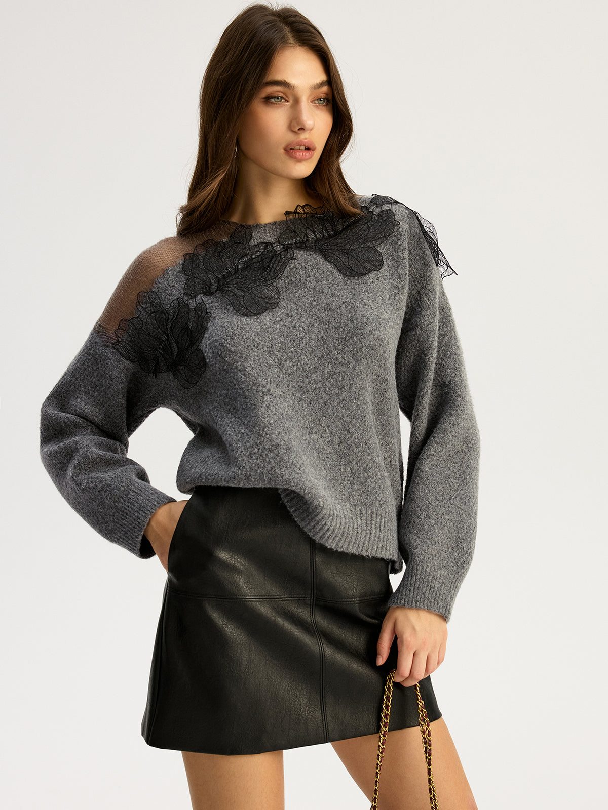 Floral lace Sweater Semi Sheer Round Neck Sweater-Chicvia