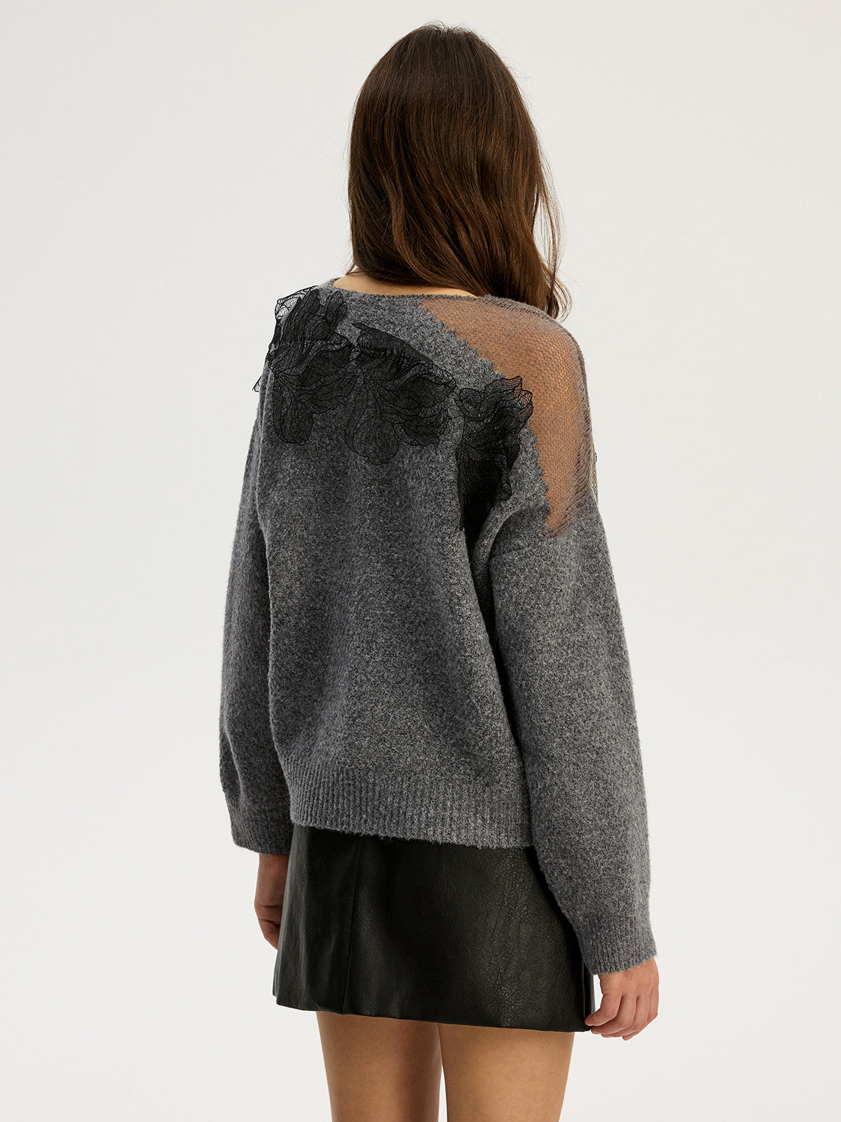 Floral lace Sweater Semi Sheer Round Neck Sweater-Chicvia